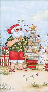 Beach Santa Claus and Wood Sign Christmas Tree Dual Purpose Kitchen Towel