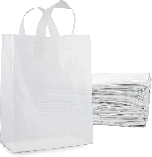 Bolsas de plástico con asas 10 x 5 x 13 pulgadas paquete de 100 bolsas de regalo blancas esmeriladas medianas con fondo de cartón bolsas de compras