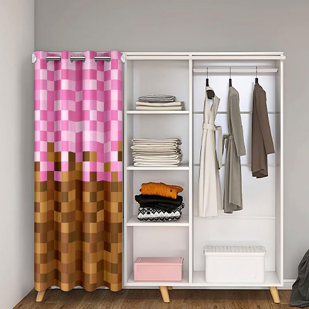 Manfei Pixelated Grid Doorway Curtain,Miners Building Door Curtain Bedroom Decor,Cartoon Gamepad Doorway Curtains,Brown Pink Blackout Door Drape 1 Panel 34" W X 80" L