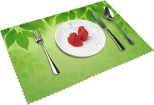 Rectangular Placemats Set of 4, Heat Resistant Green Leaves Background Printed Kitchen Dining Table Mats
