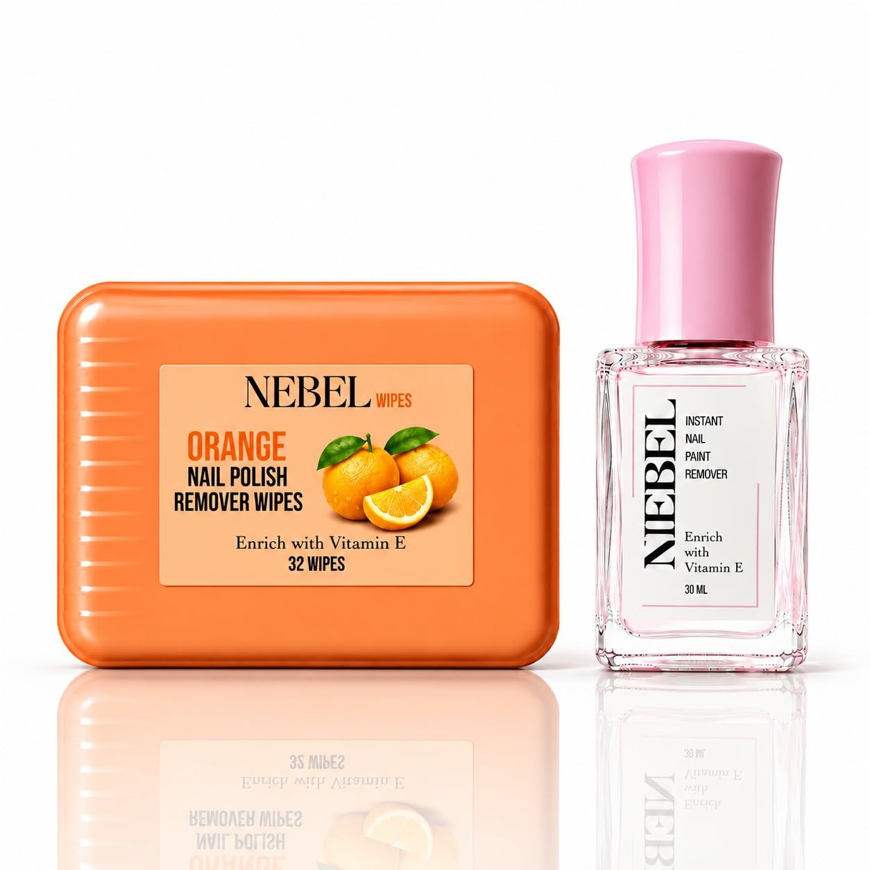 nebel nail polish remover combo, orange nail paint remover 32 wipes + instant nail paint remover 30 ml, enriched with vitamin e, easy nail polish removal for women
