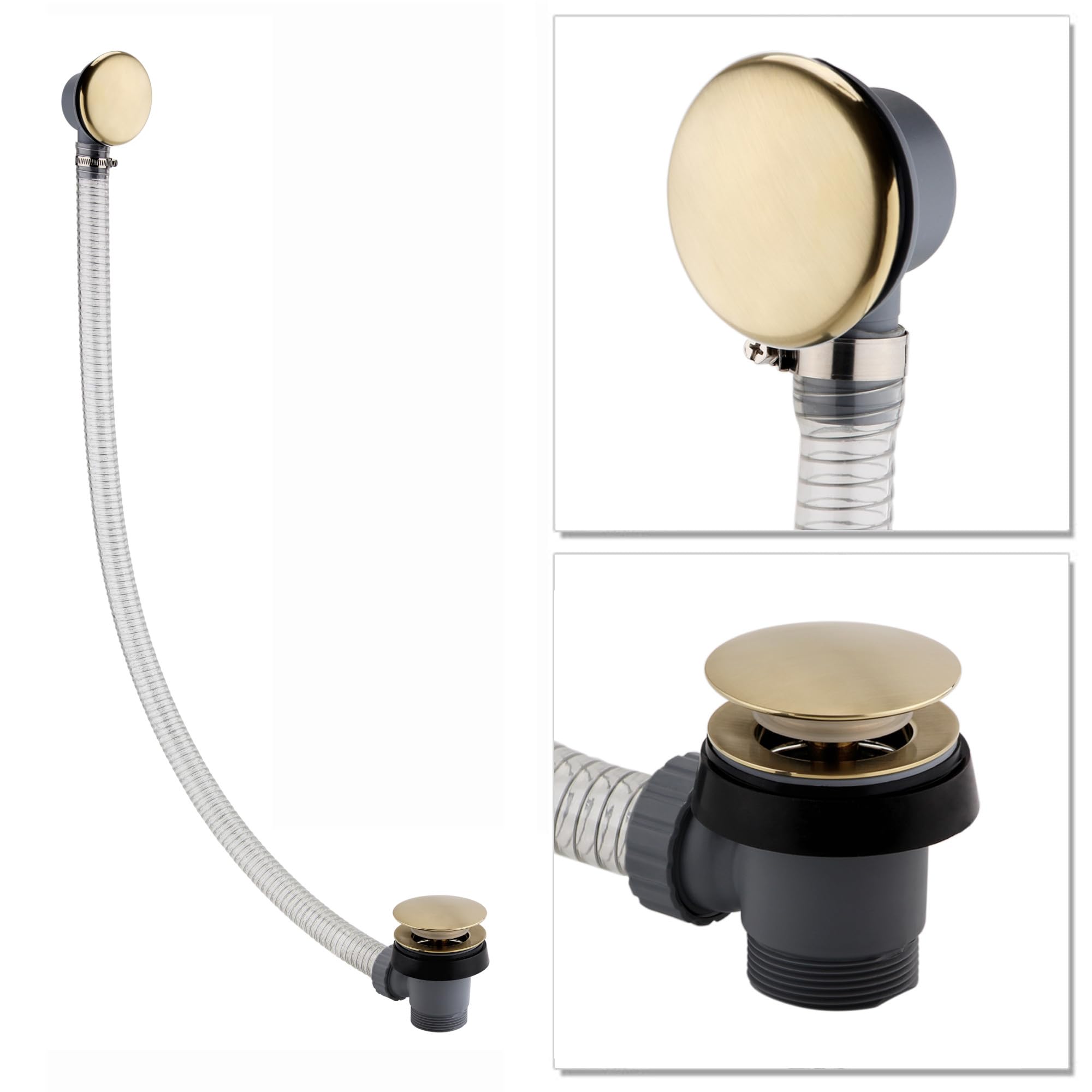 ENKI, W66 Bonde de baignoire � ressort en laiton bross� de 3,8 cm et trop-plein de 3,8 cm, design moderne, bonde de baignoire pop-up, facile � nettoyer, kit de vidage facile � installer, fixations