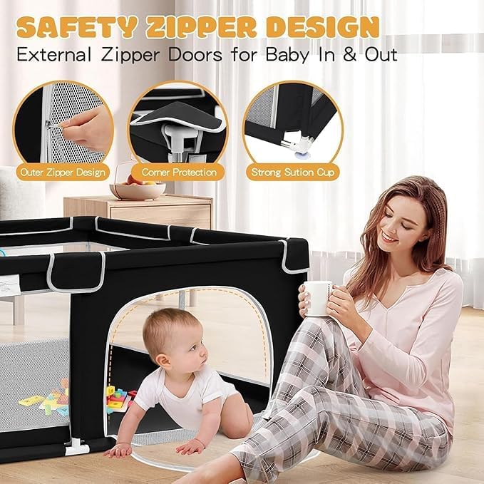 Image of Baby Playpen with Balls - Portable Play Yard with Mesh Panels for Safety & Visibility, Indoor /Outdoor Toddler Activity Fence for Boys & Girls (Black)