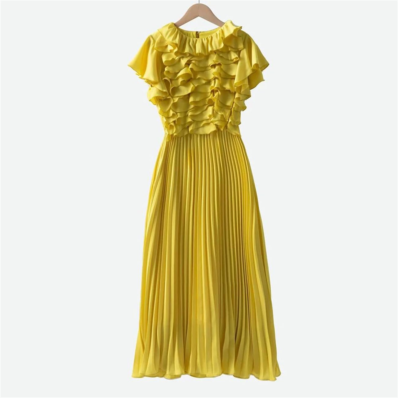 Yeuyyben Elegante abito lungo pieghettato da donna, con volant, patchwork, per feste