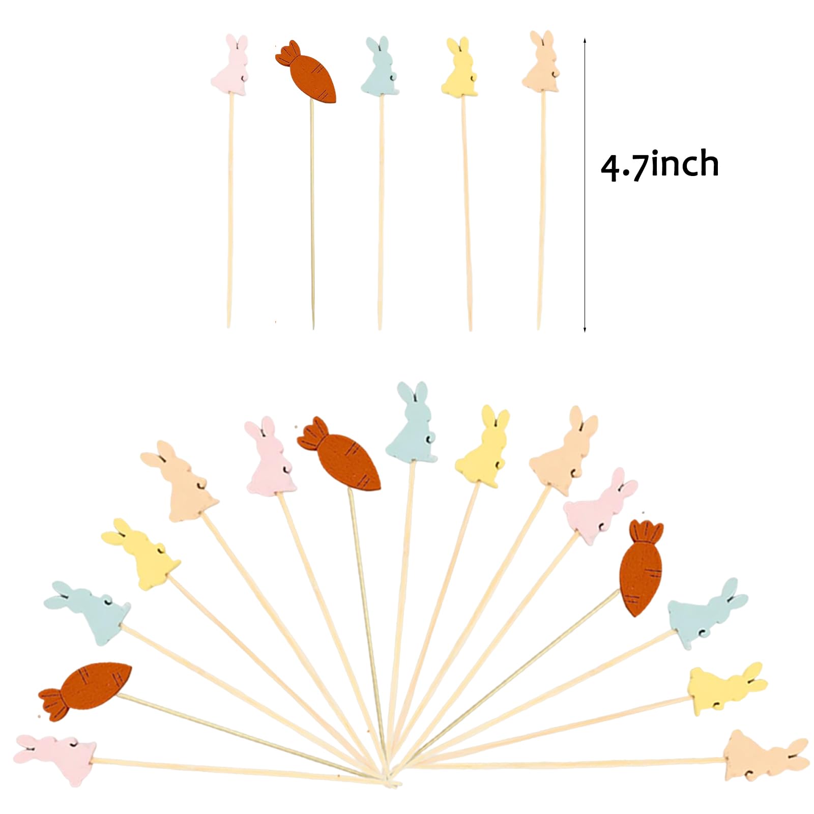 100 Pieces Easter Cocktail Picks,Assorted 5 Easter Rabbit Bunny Carrots Cocktail Toothpicks,4.7inch Easter Appetizers Skewers,Bamboo Sticks for Drinks Food Sandwiches Cupcakes for Easter Party