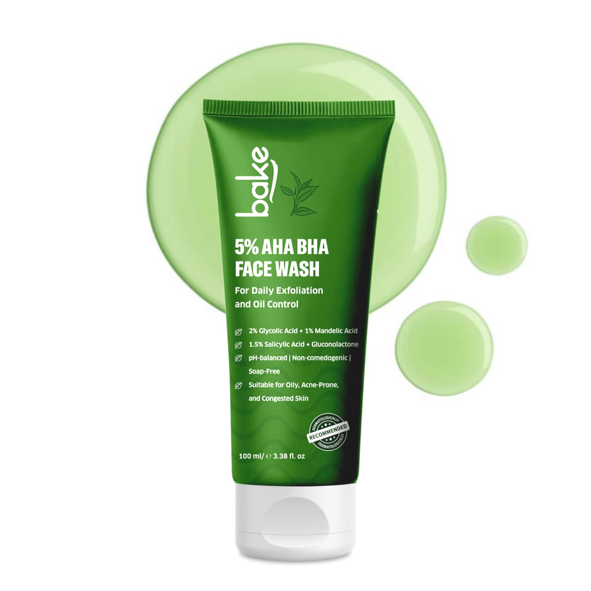 BAKE 5% AHA BHA Face Wash with 1.5% Salicylic Acid, 2% Glycolic Acid & 1% Mandelic Acid for Open Pores, Acne & Dark Spots | For Oily Acne Prone Skin | Daily Exfoliation & Oil Control - 100ml
