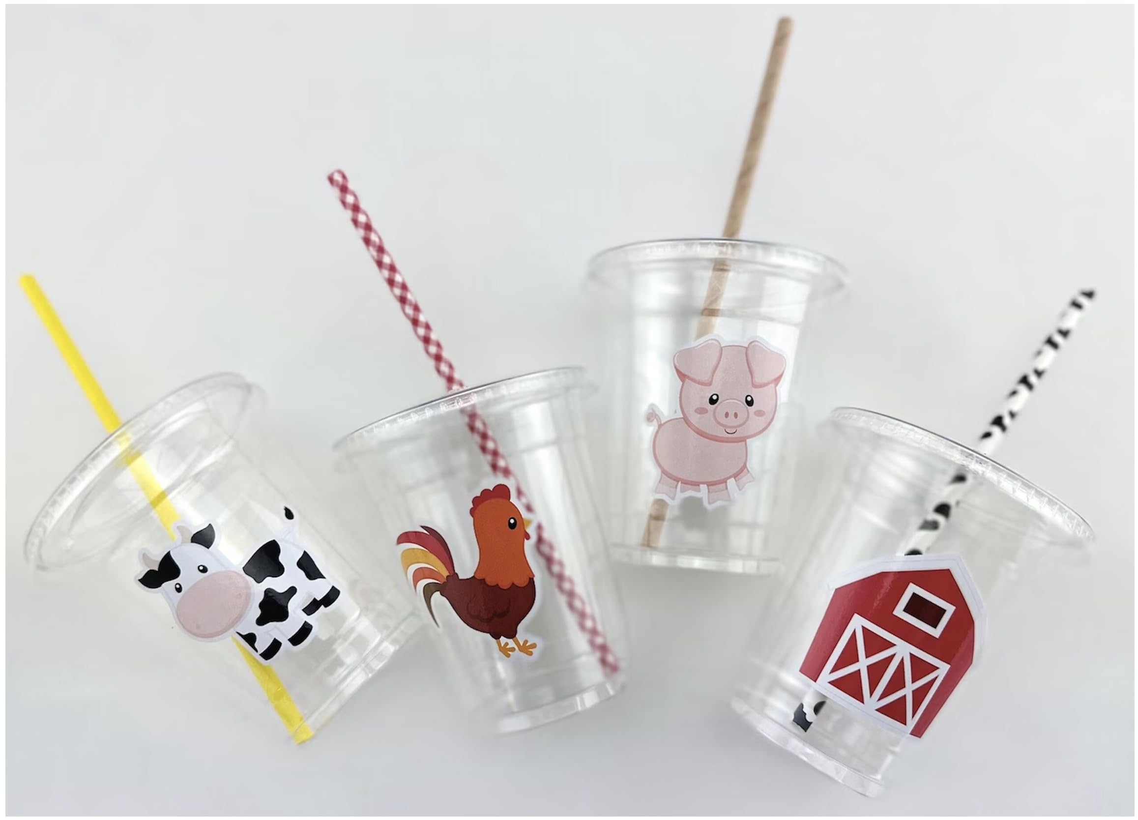 Farm Party Cups, Barnyard Birthday Supplies, Plastic Disposable Cups with Lids and Paper Straws, Set of 12