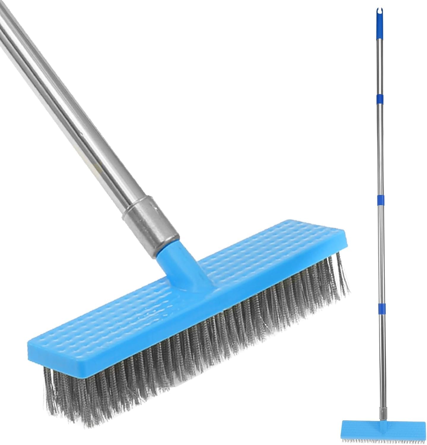 Nihuifdpy Blue Stainless Steel Wire Broom With 170Cm Long Handle, Stiff Metal Bristle Deck Scrub Brush With 4 Detachable Pole For Removing Weed Moss Algae, Outdoor Floor Scrub Brushs For Patio, Deck, Garden