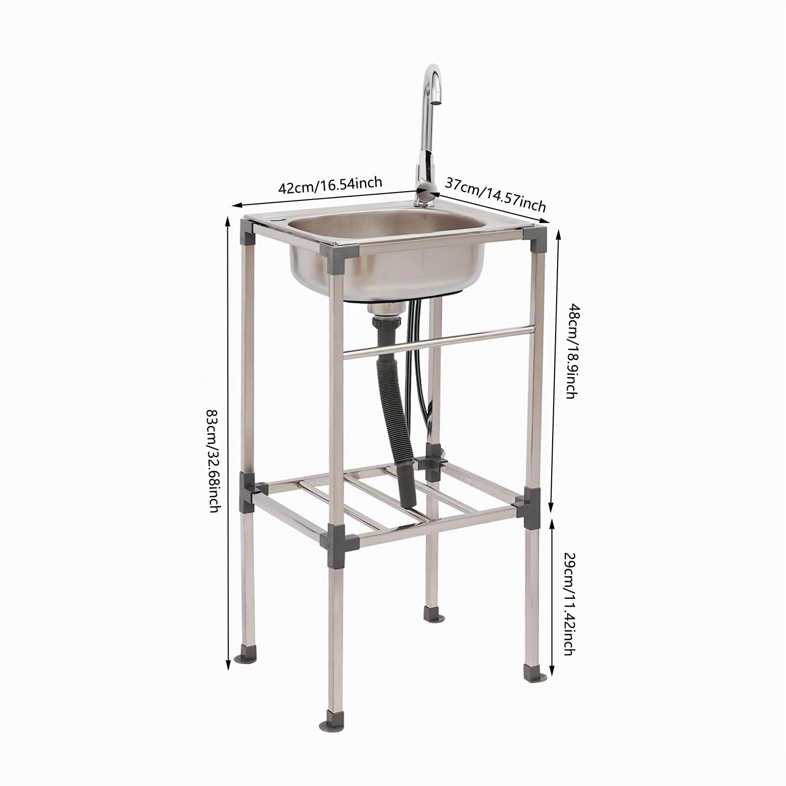 Lavello autoportante in acciaio inox con 360°Rubinetto 42x37x83CM | Portata 60KG, in acciaio inox, per esterni, giardino, campeggio, camper, cortile, fattoria