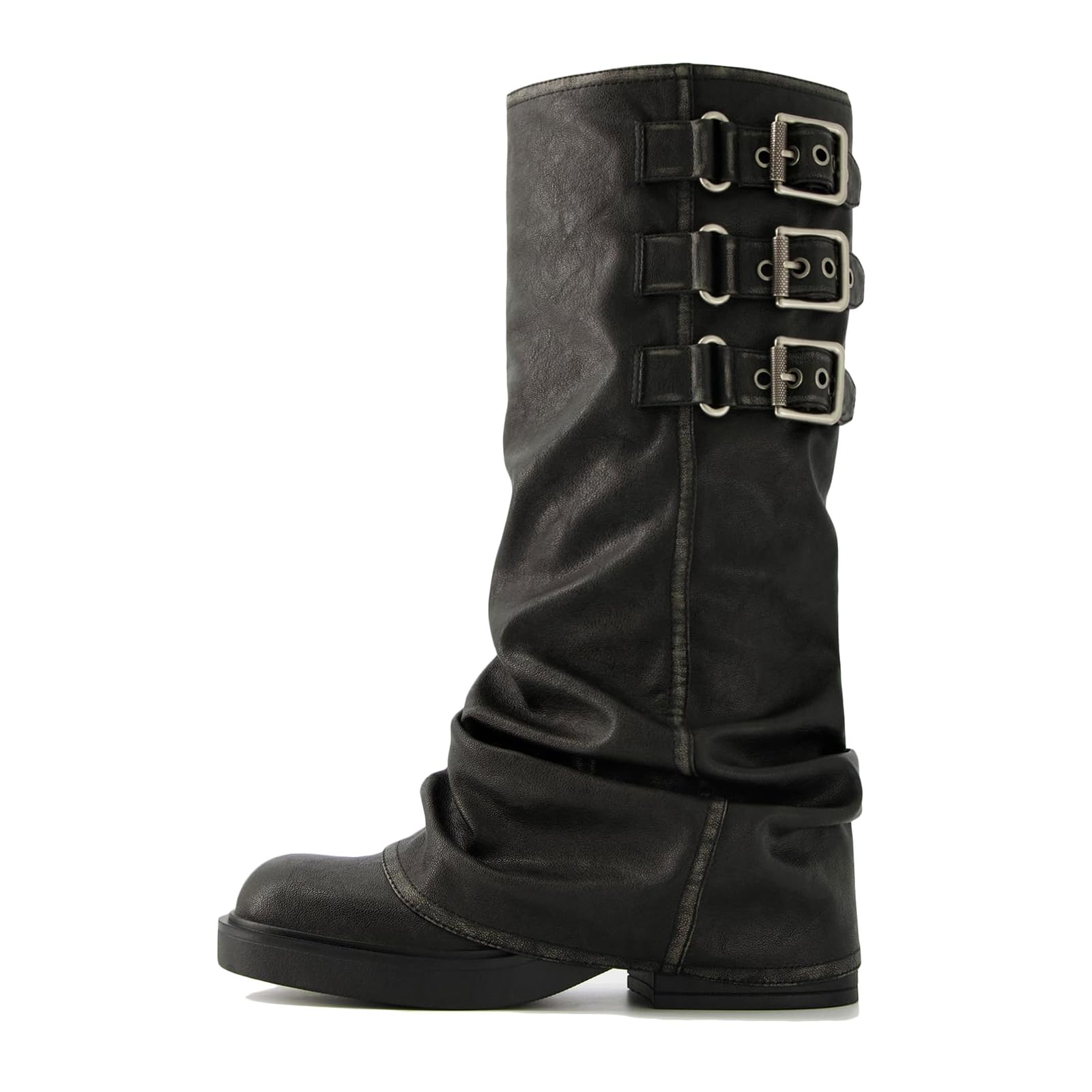 Women Fold Over Knee High Boots Square Toe Chunky Heel Riding Biker Boots with Buckles Casual Fashion Pull