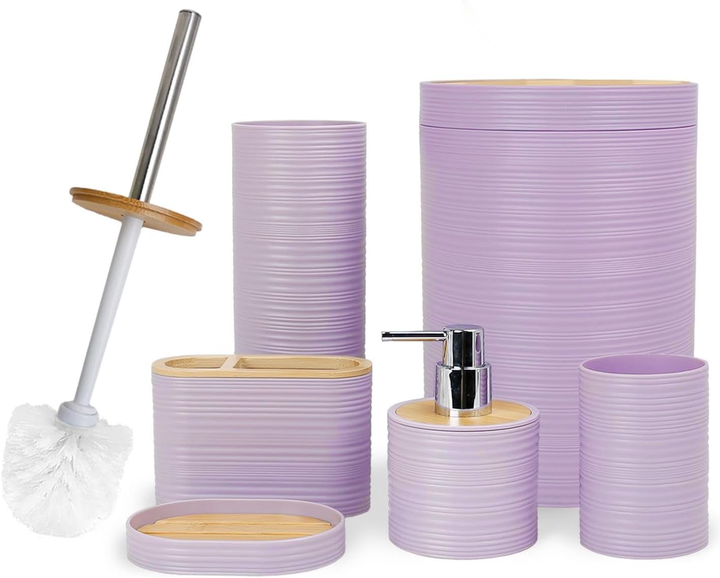 CERBIOR Bathroom Accessories Set 6 Piece Bamboo Bath Ensemble Includes Soap Dispenser, Toothbrush Holder, Toothbrush Cup, Soap Dish for Decorative Countertop and Housewarming Gift, Sriral Purple