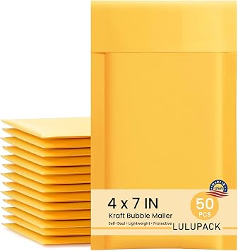 LULUPACK 4x7 Inch Yellow Kraft Bubble Mailers - Heavy-Duty Privacy Shipping Bags with Peel-and-Seal Adhesive, Shockproof Packaging for Fragile Items, Jewelry & Documents 50 Pack