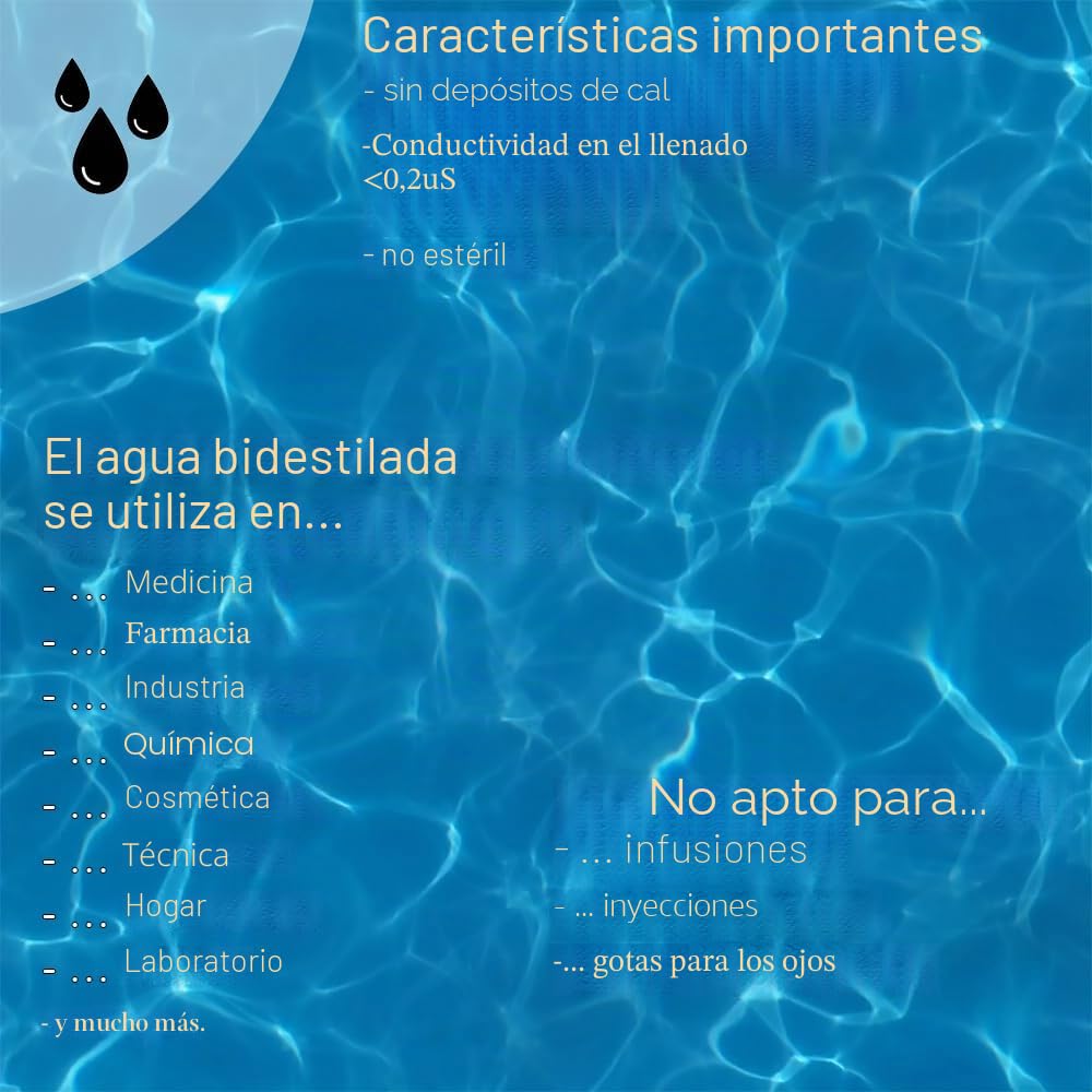 Aqua Bidest 1 litro, agua de laboratorio, agua pura, agua bidestilada, agua destilada 2 veces, desmineralizada por ósmosis