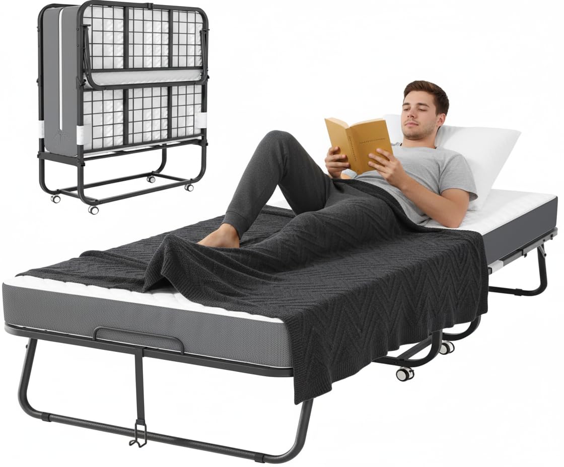 Bonusall Folding Bed with Mattress, 75" x 38" Rollaway Bed with Mattress for Adults, Space-Saving Sturdy Metal Fold Up Beds, Portable Foldable Bed with 5" Thick Mattress, Fold Up for Easy Storage