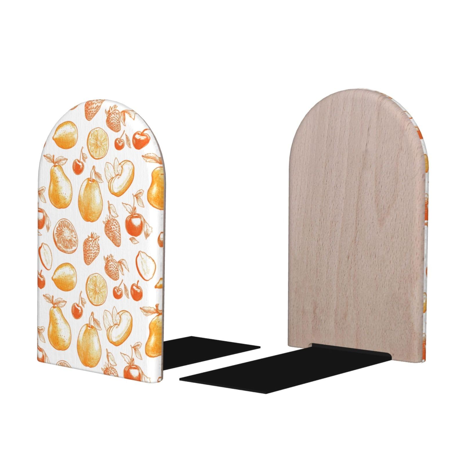 Sketch Fruit Yellow Print BookEnds 1 Pair, Decorative Bookends for Heavy Books, Wood Book Ends for Shelves, Book Organizer for Home Desk Office Supplies