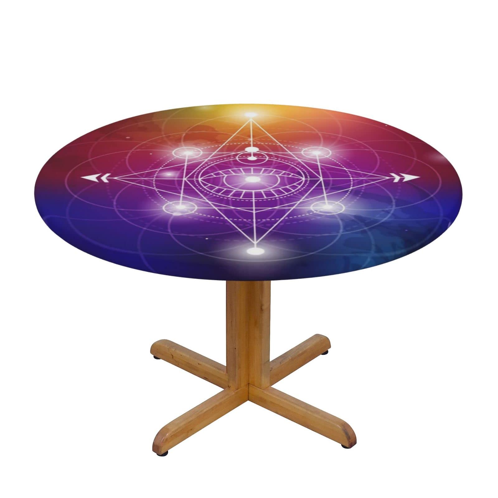 Lsjuee Round Fitted Tablecloth 40-44in Elastic Edged Table Cloth for Kitchen Dining Party Home Decor - Sacred Geometry Colorful