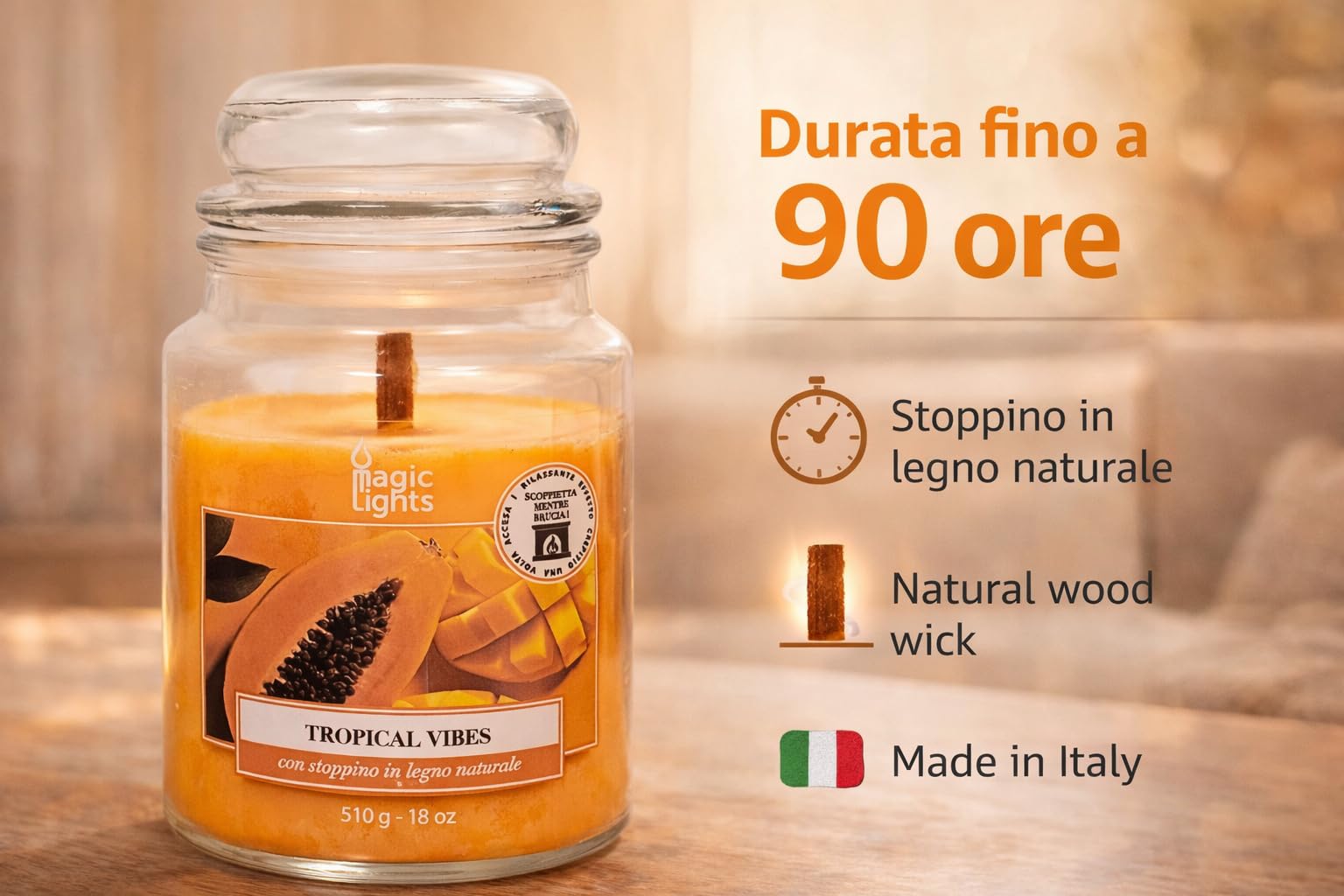 Świeca słoika 510 g Tropical Vibes - Papaya - Mango z woskiem roślinnym min. 75% - naturalny knot drewniany, wyprodukowany we Włoszech