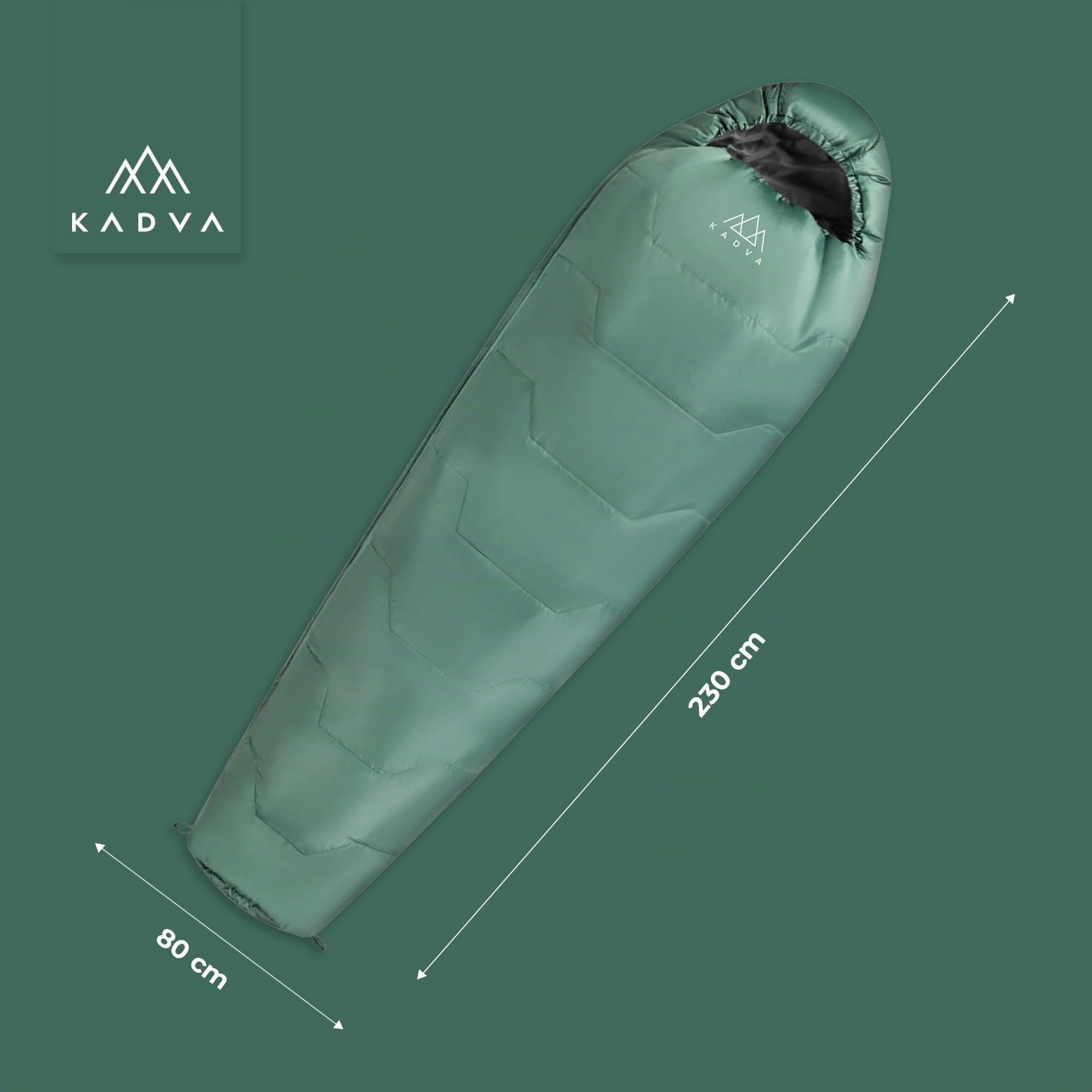 KADVA Sacco a pelo da campeggio Mumio, L 230 x 80 cm, sacco nanna invernale con cappuccio per la testa, temperatura di comfort 4 gradi, ideale per l'inverno, alta conservazione del calore, tecnologia