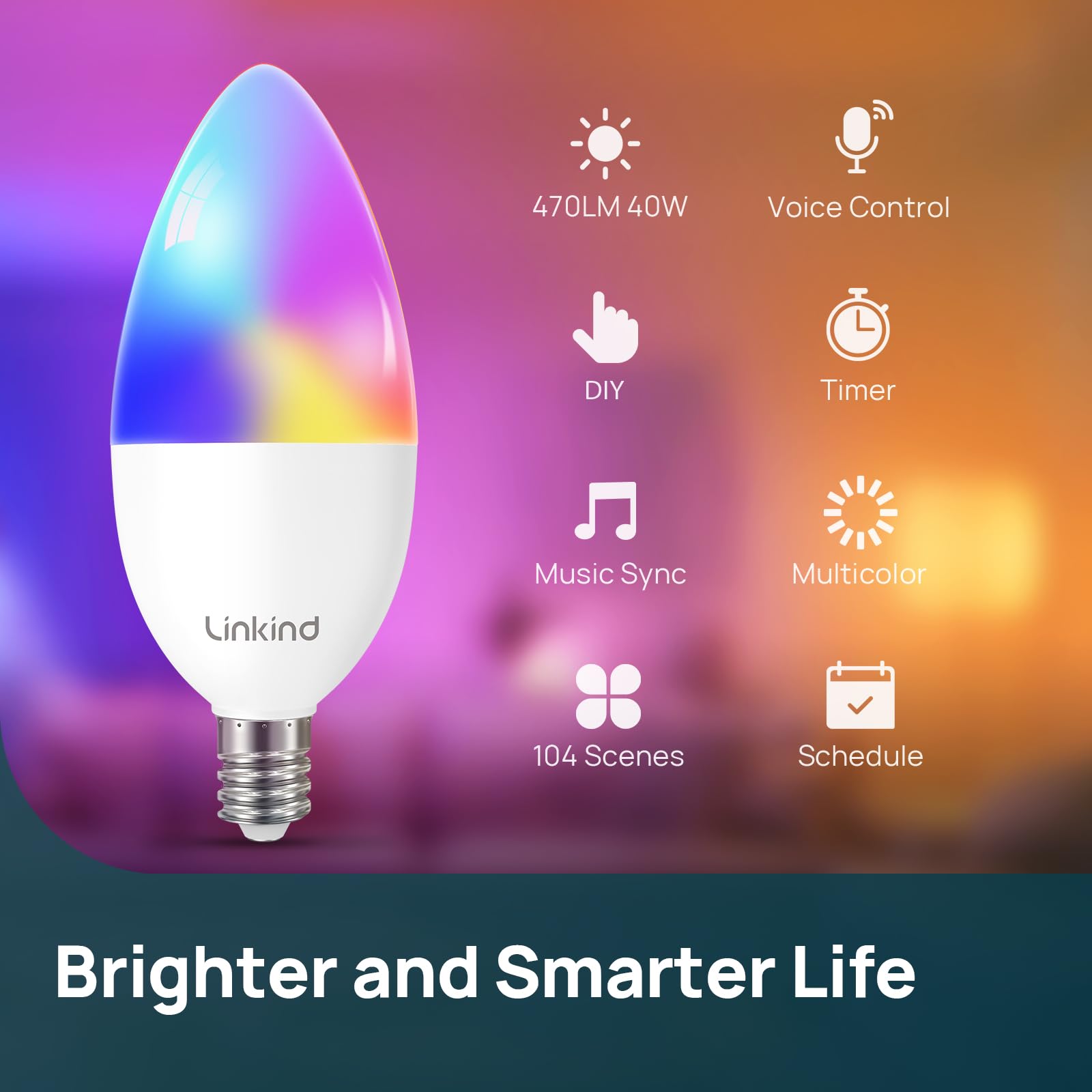 Linkind Matter Smart Bulbs, E12 Led Bulb Works with Alexa/Apple Home/Google Home, Smart Light Bulbs, WiFi Candelabra B11 Bulbs, RGBTW Color Changing Light Bulb, 2.4Ghz WiFi Bulb, 470 LM 4 Pack