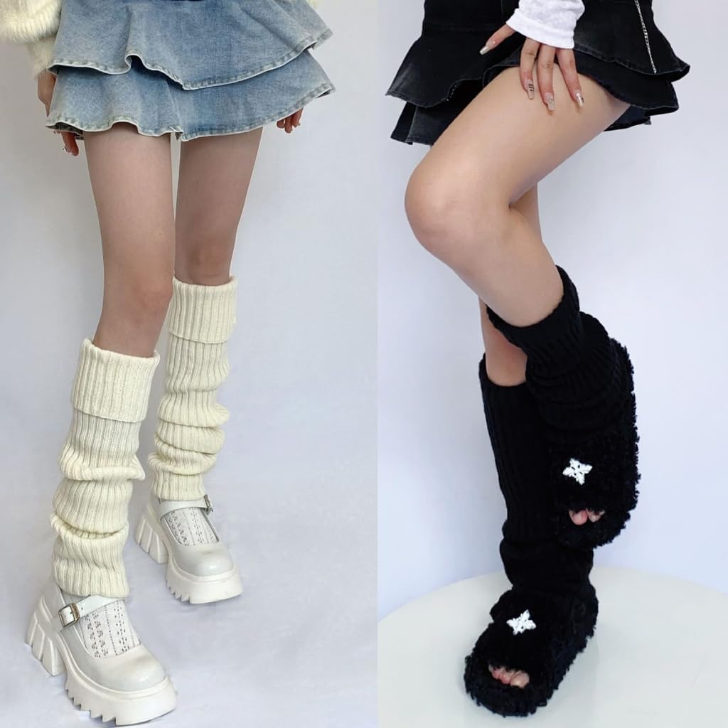 Women Winter Autumn Ribbed Knit Leg Warmers Solid Color Japanese Foot Thigh High Stockings