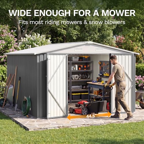 Image of JUMMICO 10x12 FT Outdoor Storage Shed, Heavy Duty Metal Shed with Lockable Door&Slooping Roof, Tool Shed for Garden Backyard Patio(Gray)