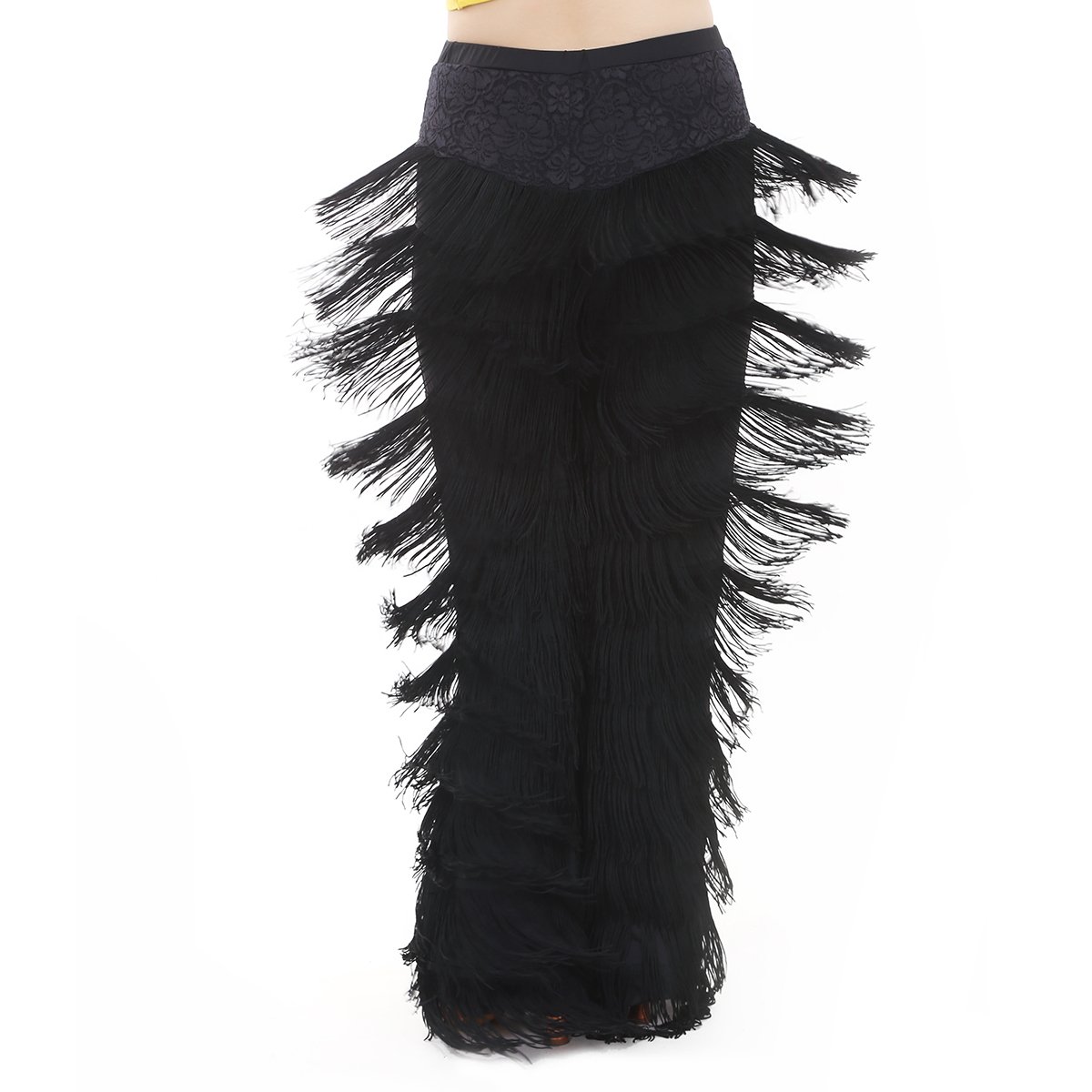 JS CHOWLadies Fringed Latin Salsa Chacha Practice Performance Competition Bell Bottom Dance Pants Black Red (S, Black)