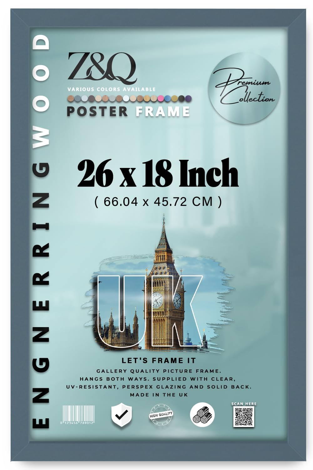 Z&Q - Classic White MDF Wood Finish 26 x 18 Inch Poster/Picture Frame | Great for Posters (66.04 x 45.72 CM) Wall Décor and Perfect for Gift [ Dark Grey ]