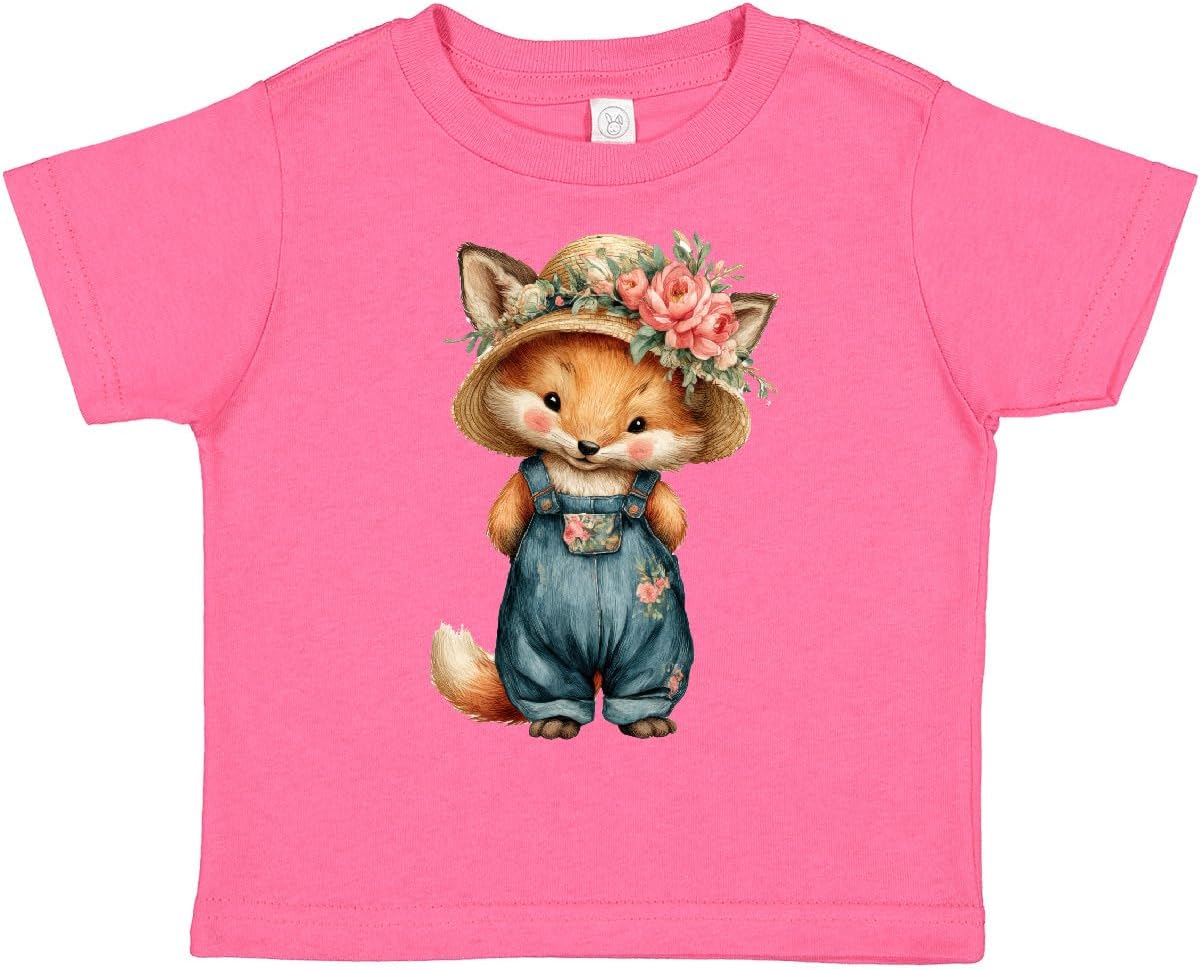inktastic Fox in Jean Overalls with Floral Hat Toddler T-Shirt