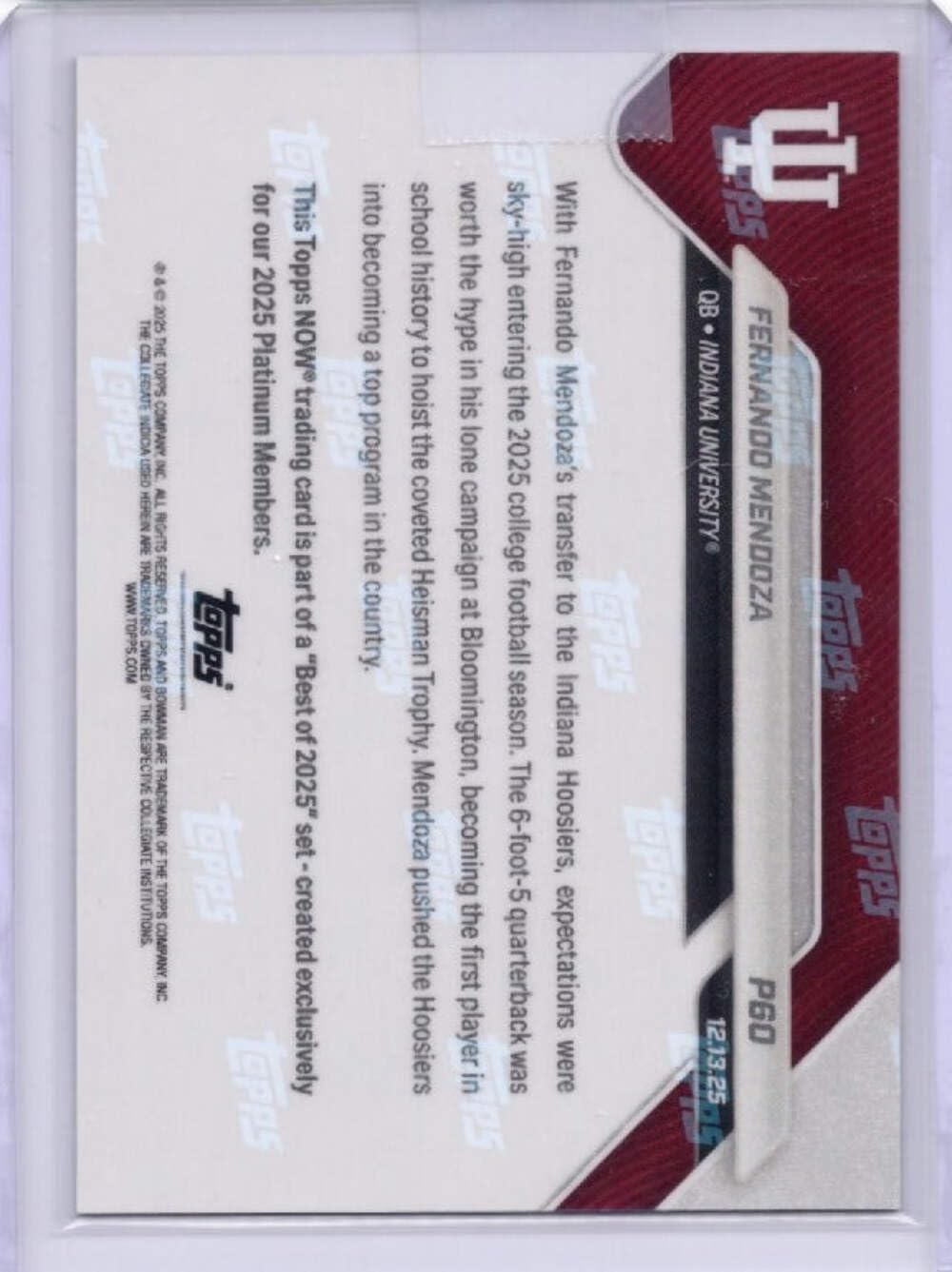 2025 Topps Bowman U Now Fernando Mendoza #P60 Platinum Member Indiana Hoosiers Rookie RC Football Card