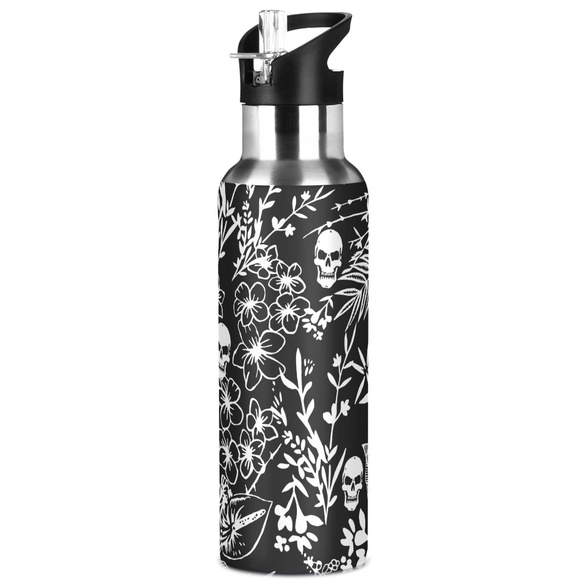 Edelstahl Wasserflasche mit Strohhalm, Blättern und Totenköpfen Isolierte Trinkflasche Sport Wasserflasche für Kinder Erwachsene, auslaufsicher, 1L
