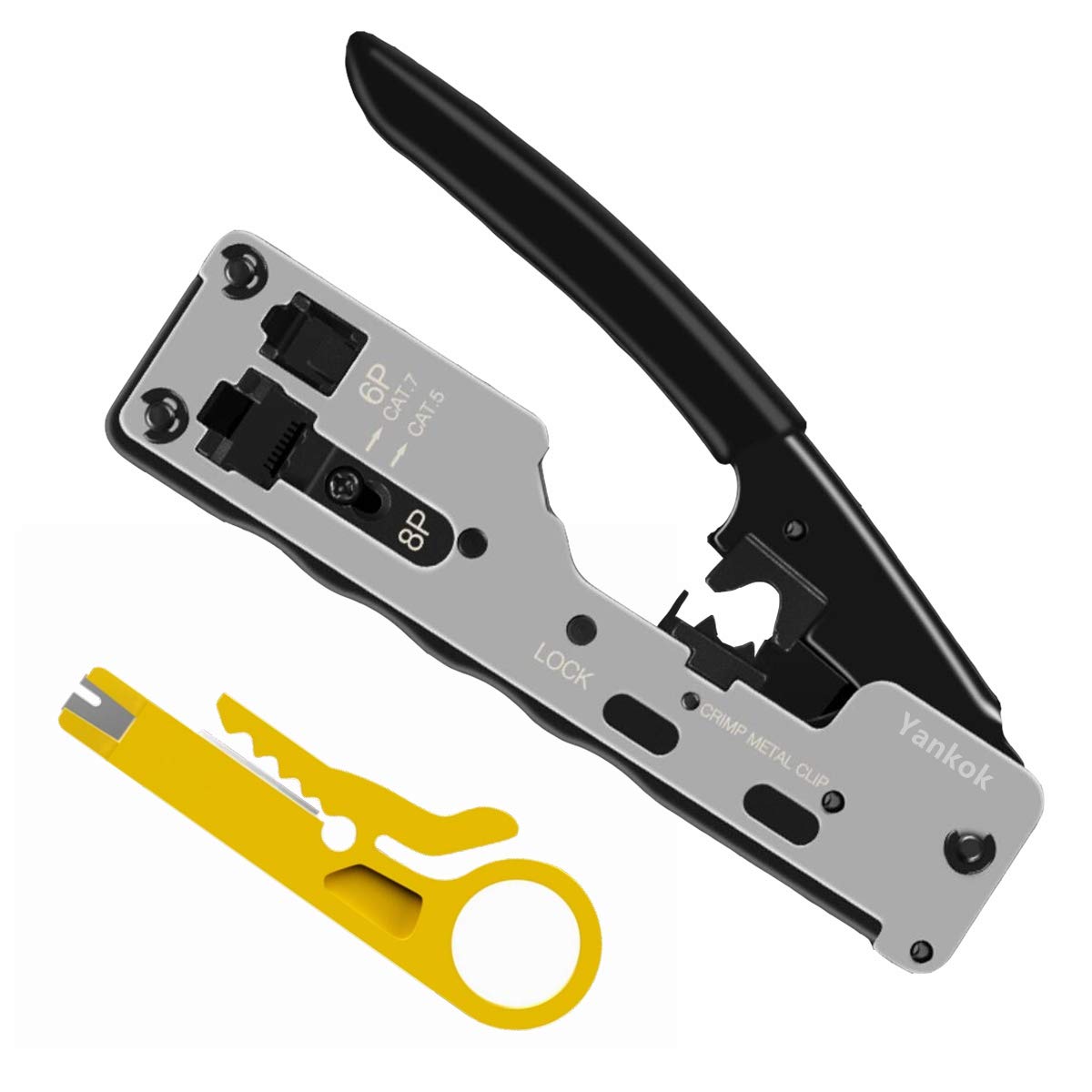 Yankok [CAT5 CAT6 CAT7 Modular Crimper] for Shielded and Unshielded RJ45 RJ12 RJ11 Network Connectors Ethernet Crimp Tool Silver (Come with Mini Cable