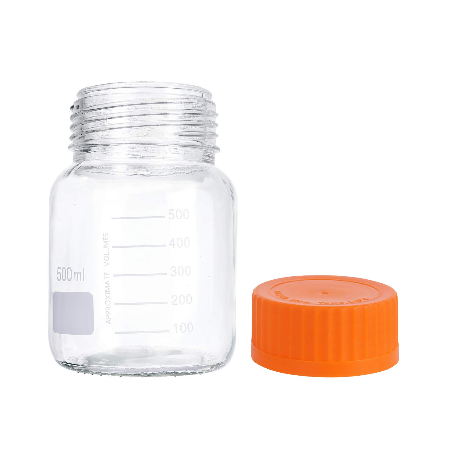 Moonetto Pyrex - Botella de vidrio graduada de boca ancha, 500 ml, con tapa de rosca de polipropileno naranja GL80 (paquete de 6)