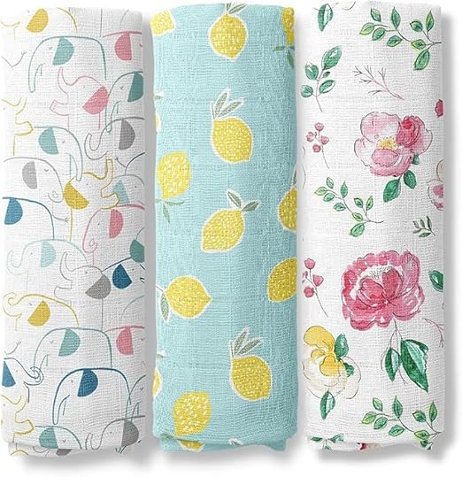 haus & kinder Little Sunshine Collection 100% Cotton Muslin Baby Swaddle Wrap for New Born, Size 100 cm by 100 cm - Pack of 3 (Happy Bloom, Elephant, Fruit)
