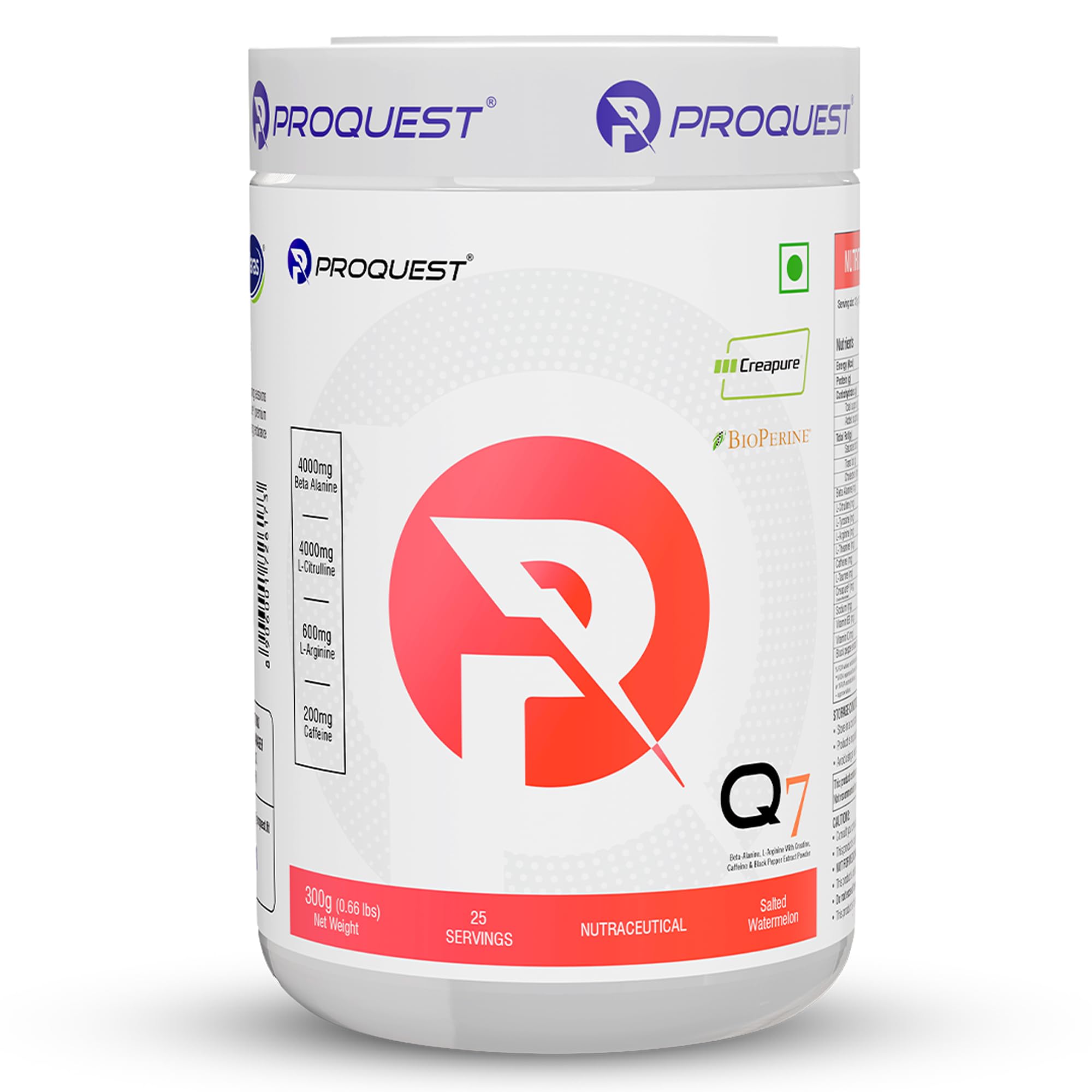 Proquest Q7 Pre-Workout (Salted Watermelon, 25 Servings 300g) | Per serve- Beta Alanine 4000 mg, L-Arginine 600 mg, Creapure® 750mg, Caffeine 200mg | Muscle Pump, Performance, Energy, Recovery, Focus & Endurance