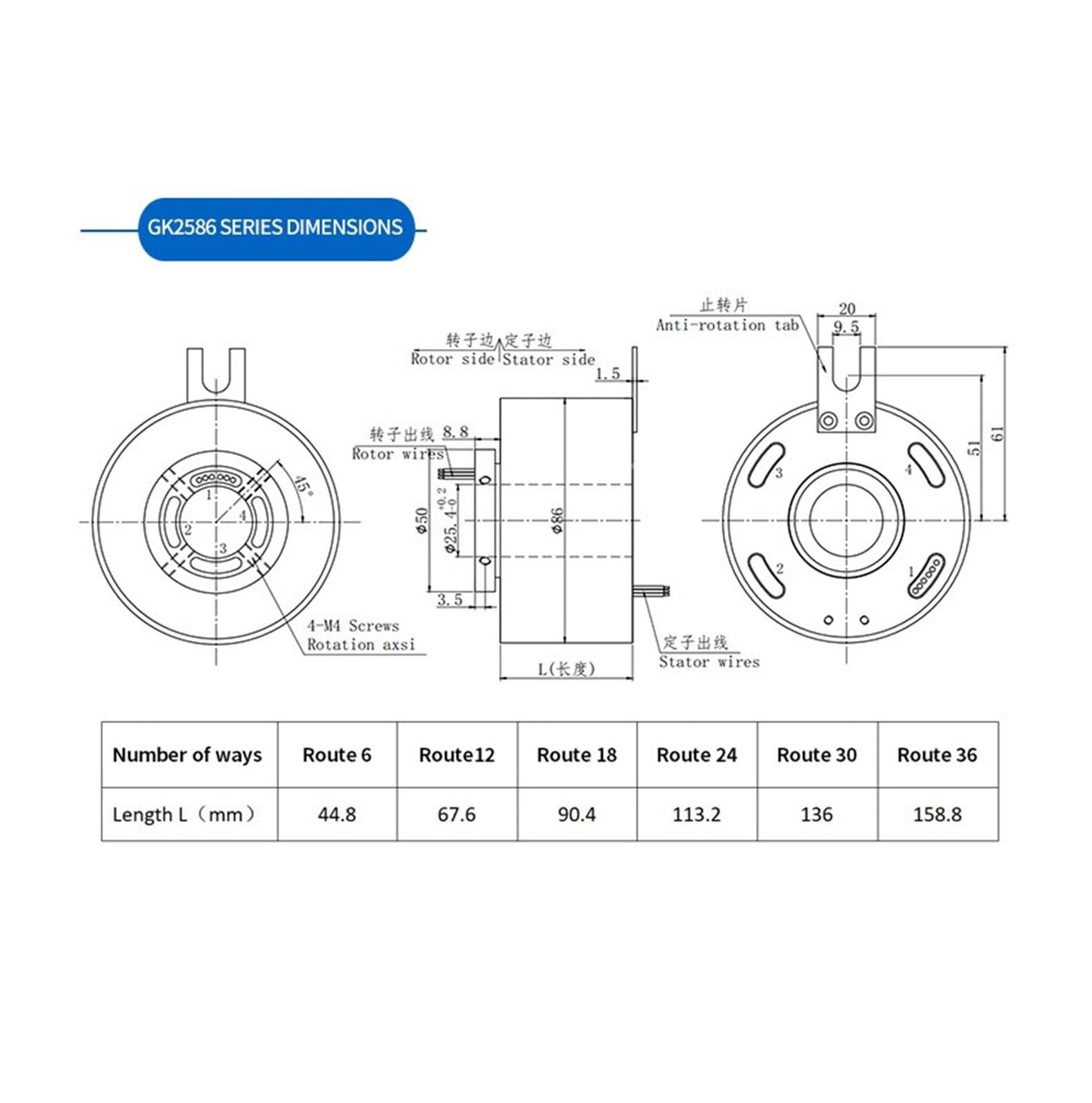 GK2586-18P05 Connecteur électrique rotatif à bague collectrice conducteur avec trou traversant 18 voies, joint rotatif électrique à anneau conducteur