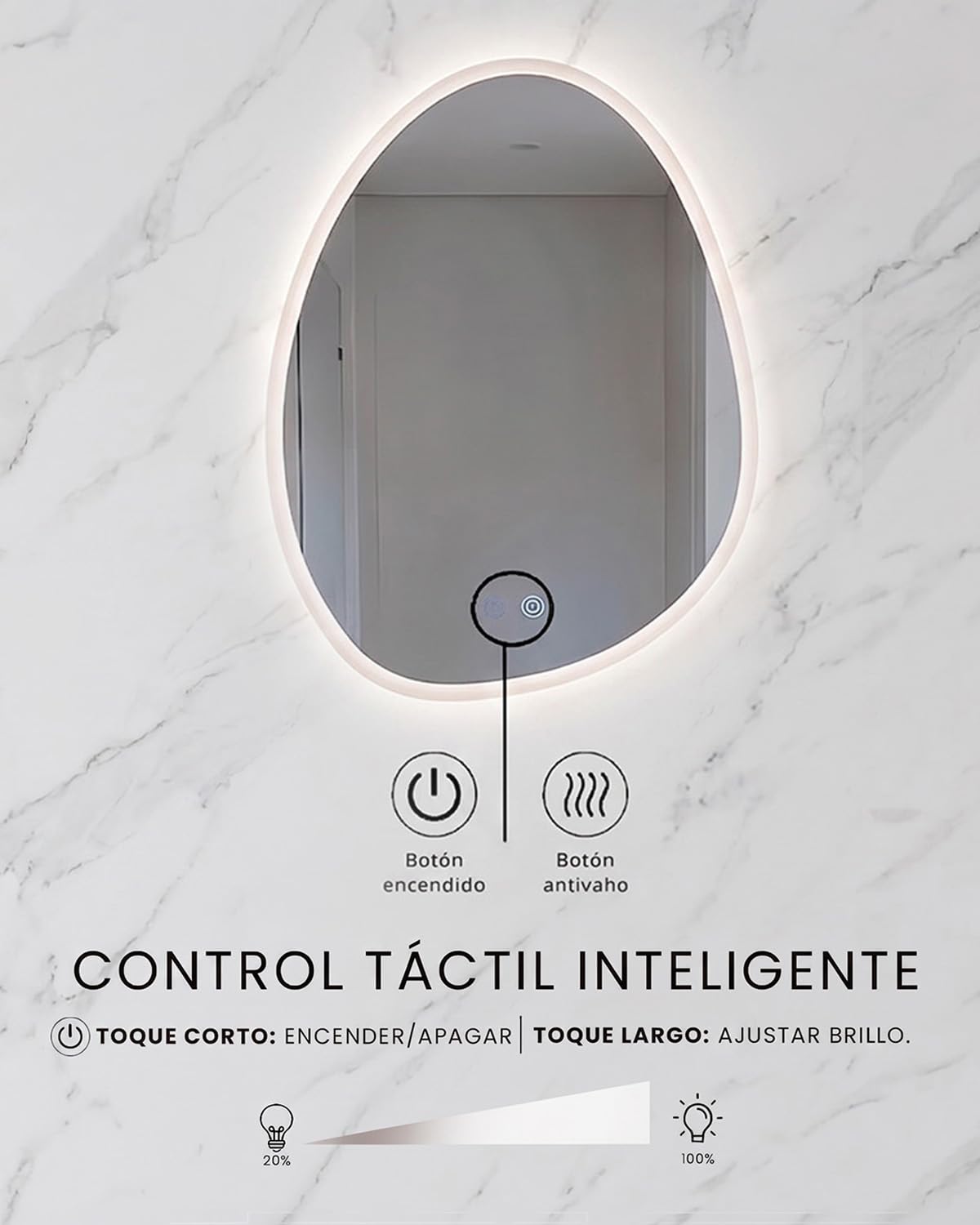 Marctani Espejo Baño Irregular con Luz LED Regulable en 3 Colores - Espejo de Pared ANTIVAHO con Ajuste de Brillo e Interruptor Táctil - Espejos Inteligente (Irregular 60x45 cm)