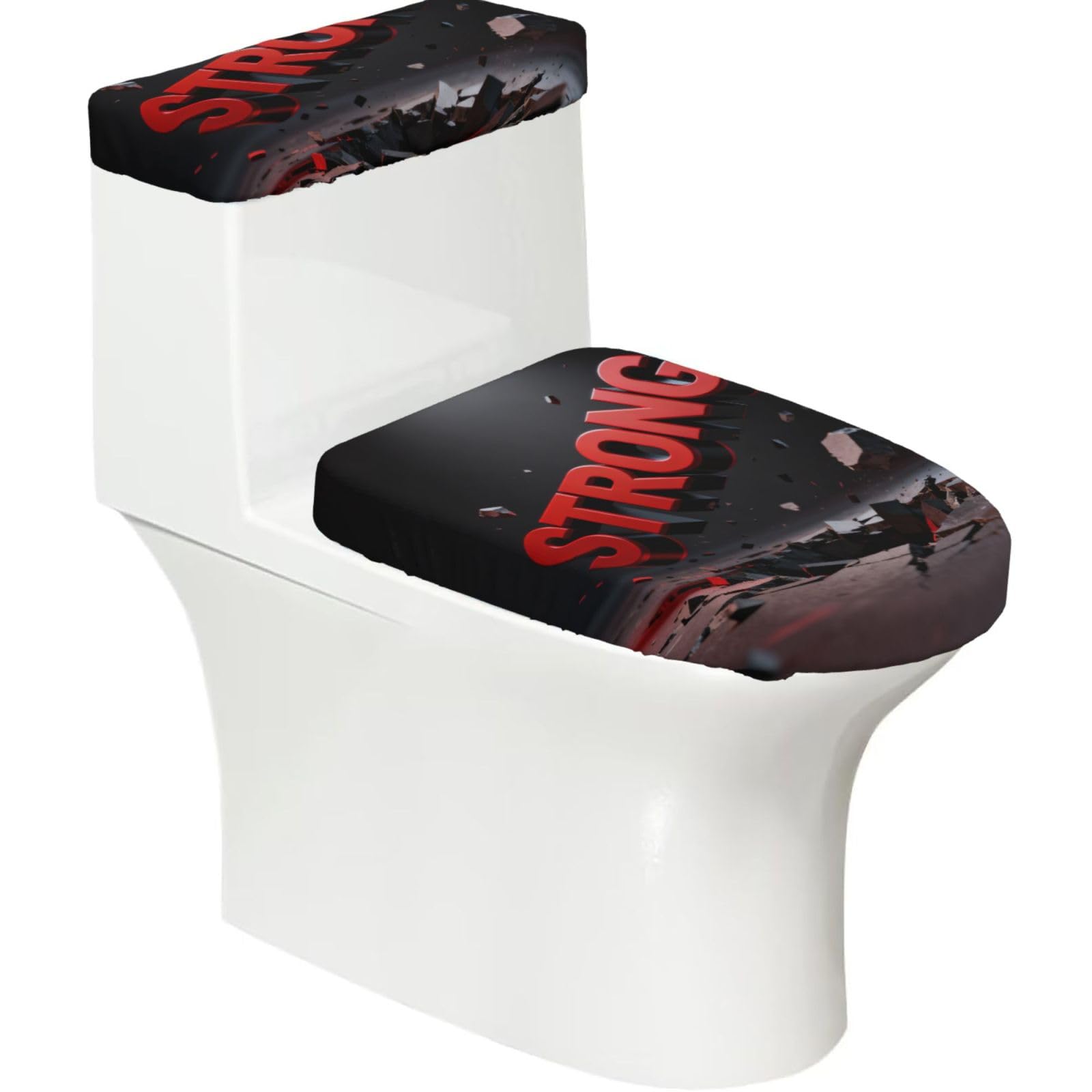 Falling Strong Word Elastic Toilet Cover Set of 2-Stretchy Lid and Tank Covers for Bathroom, Soft Washable U Shape Toilet Decor