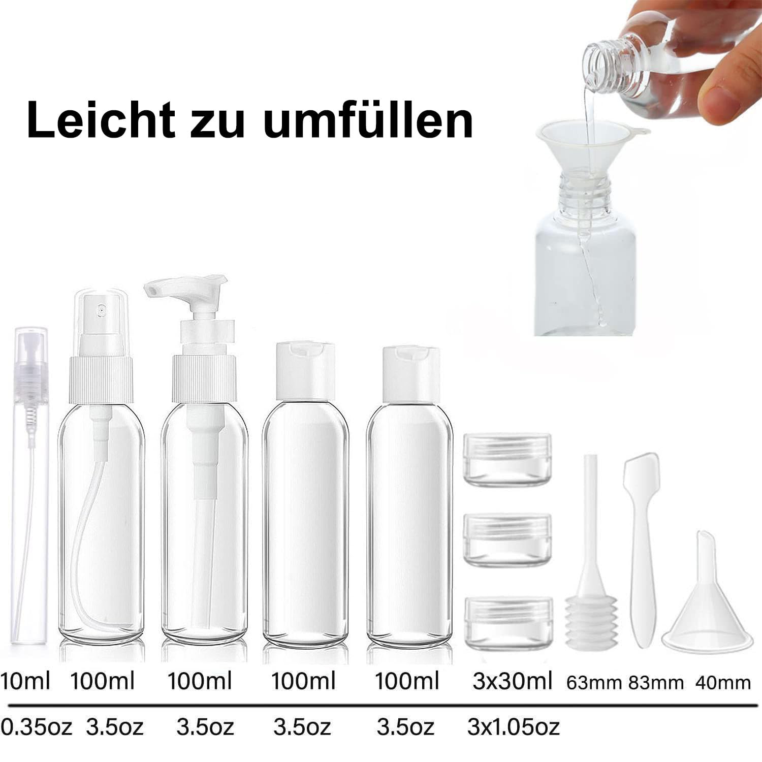 Transparenter Kulturbeutel mit Reiseflaschenset 13-teilig 100ml Flughafen-konform 20x20cm