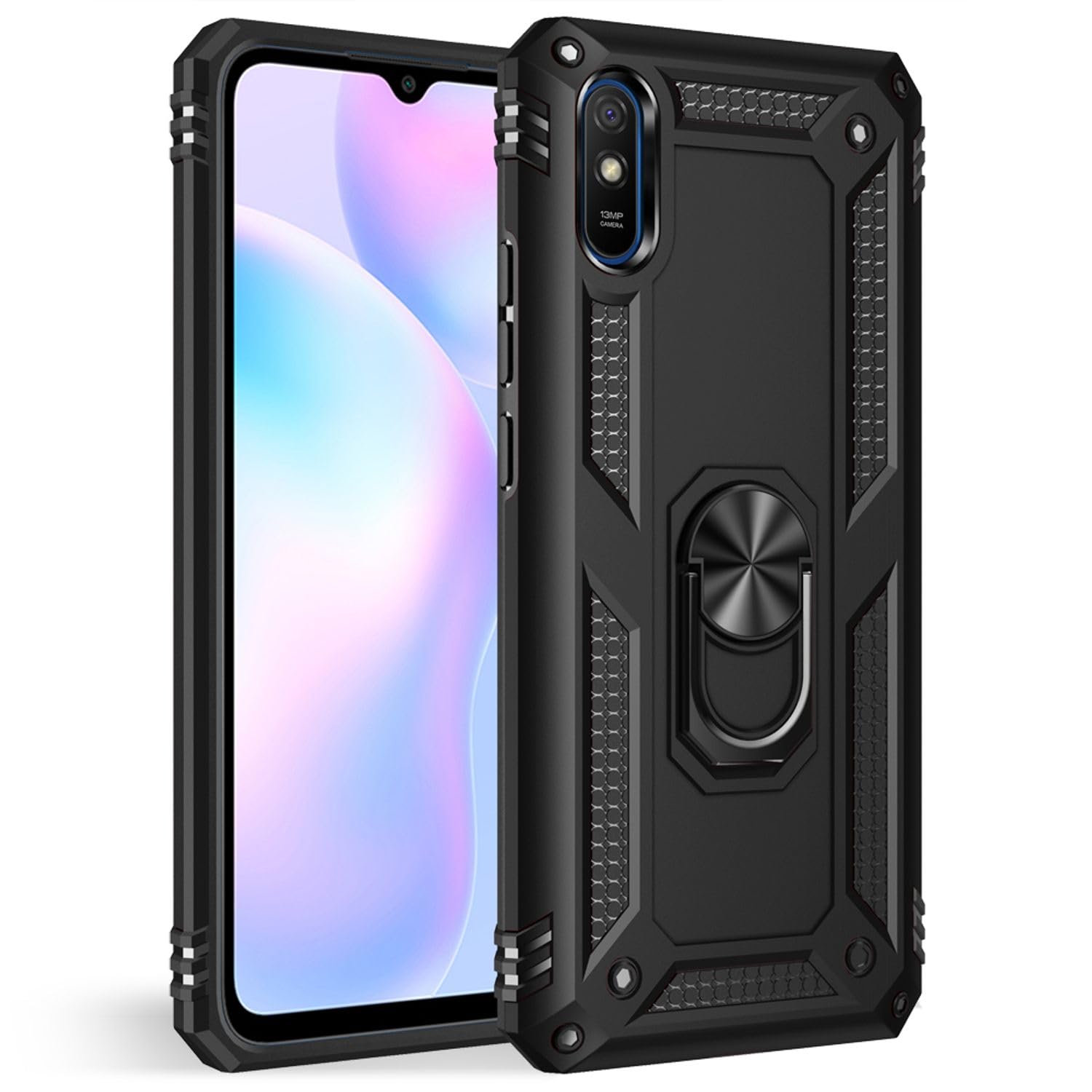 Custodia NALIA Con Anello Girevole Per Xiaomi Redmi 9A - Cover Antiurto In Silicone E Plastica Con Supporto Magnetico Auto - Nera - 2