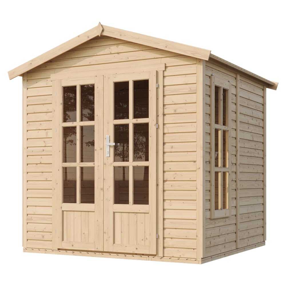 TIMBELA M351FB Cabane en Bois avec Plancher et Bardeaux Bitumineux Rouges, L233xP222xH233 cm – Abri Multifonctionnel, Bureau, Atelier, Studio Jardin