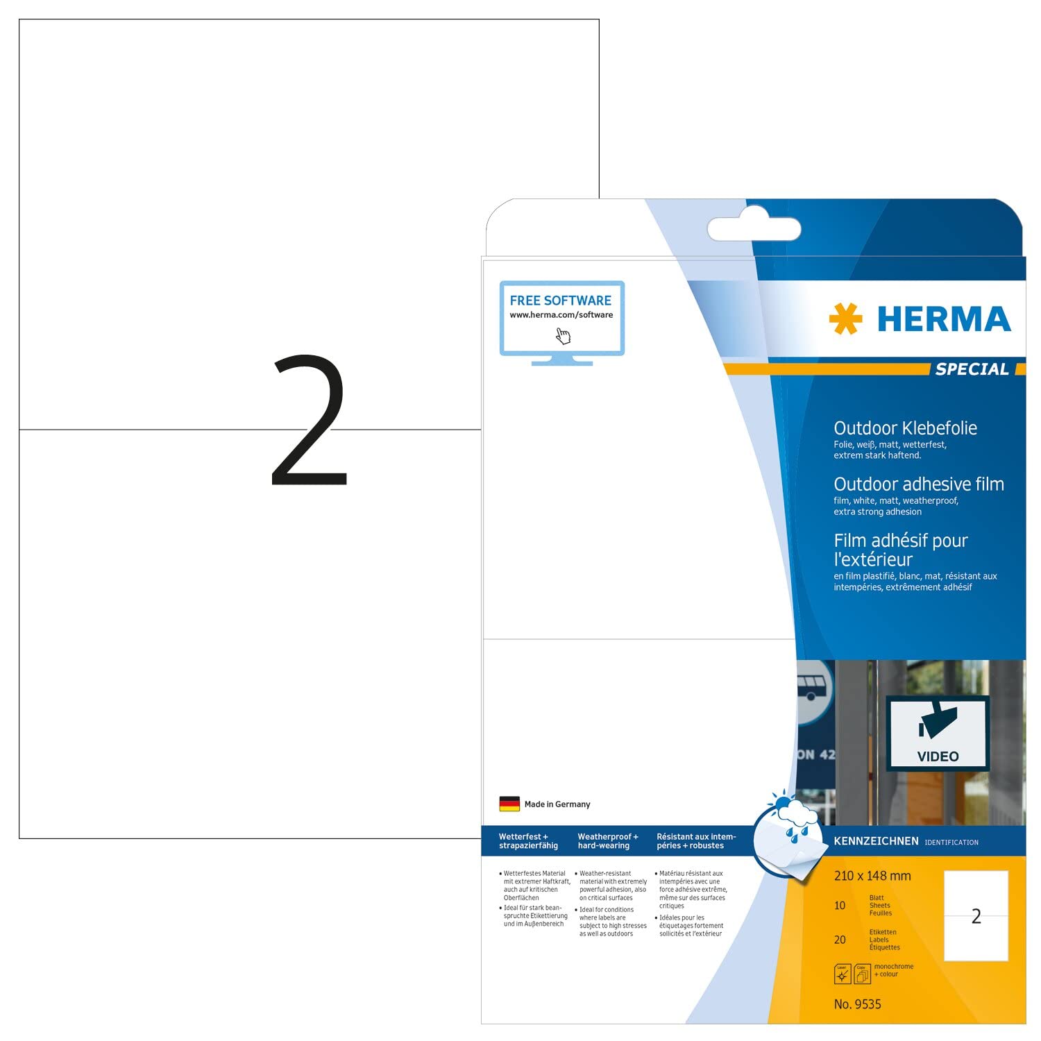 HERMA Self Adhesive Film Labels, 2 Labels per A4 Sheet, 10 Sheets, 210 x 148 mm, 20 Labels, Blank Weatherproof Labels Stickers, Sticky Labels for Laser & Inkjet Printer, White