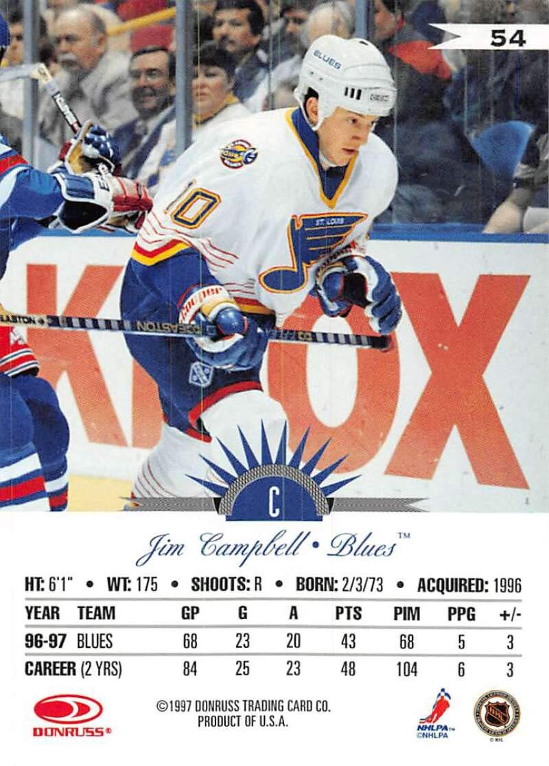 Amazon.com: 1997-98 Leaf Hockey #54 Jim Campbell St. Louis Blues