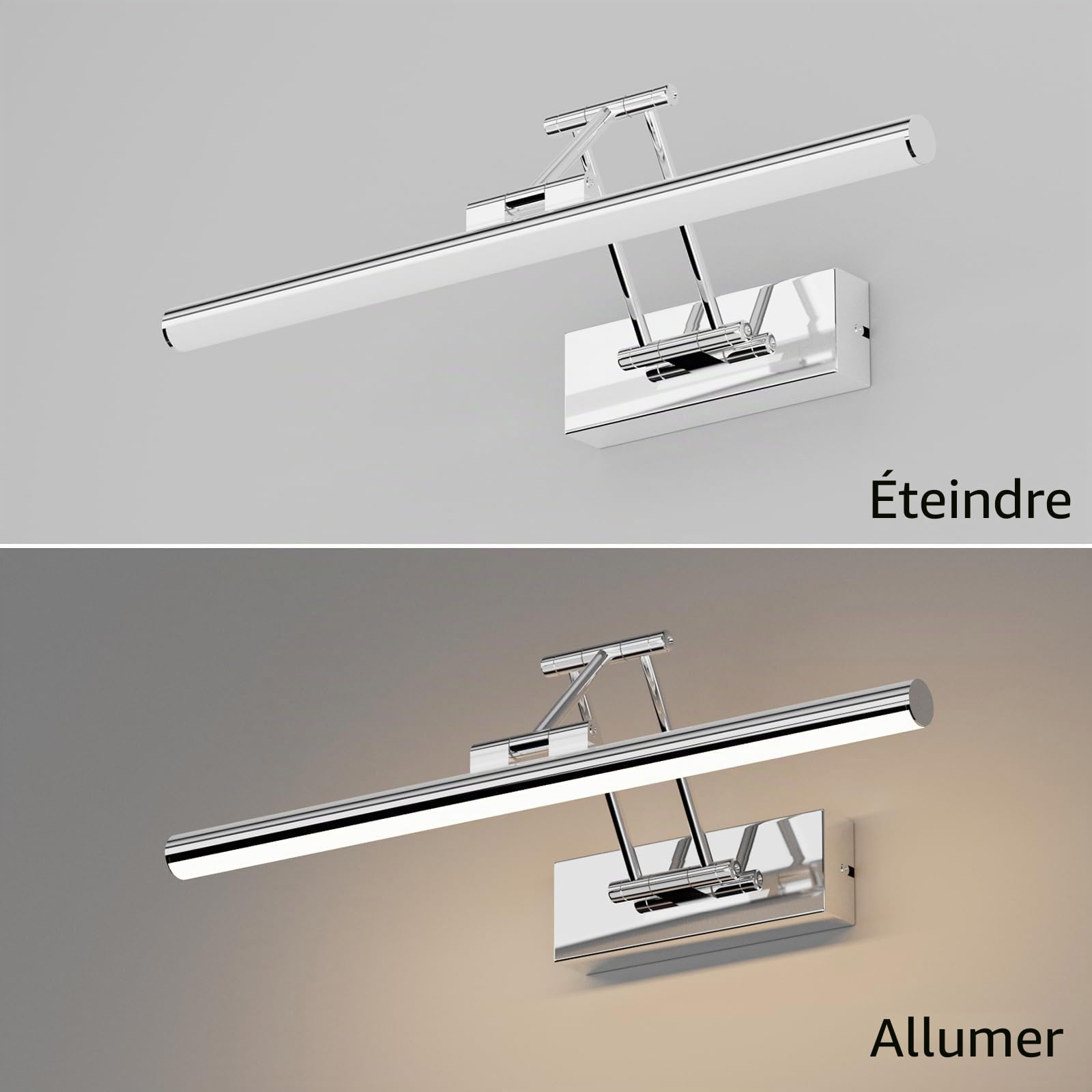 Klighten Led Miroir Lampe Salle de Bain 40cm,12W 970 LM Lampes de salle de bains,Rotating Lampe Miroir Salle de Bain Ip44, Aluminium Applique Murale, Miroir Salle de Bain Blanc naturel 4000K,chrome