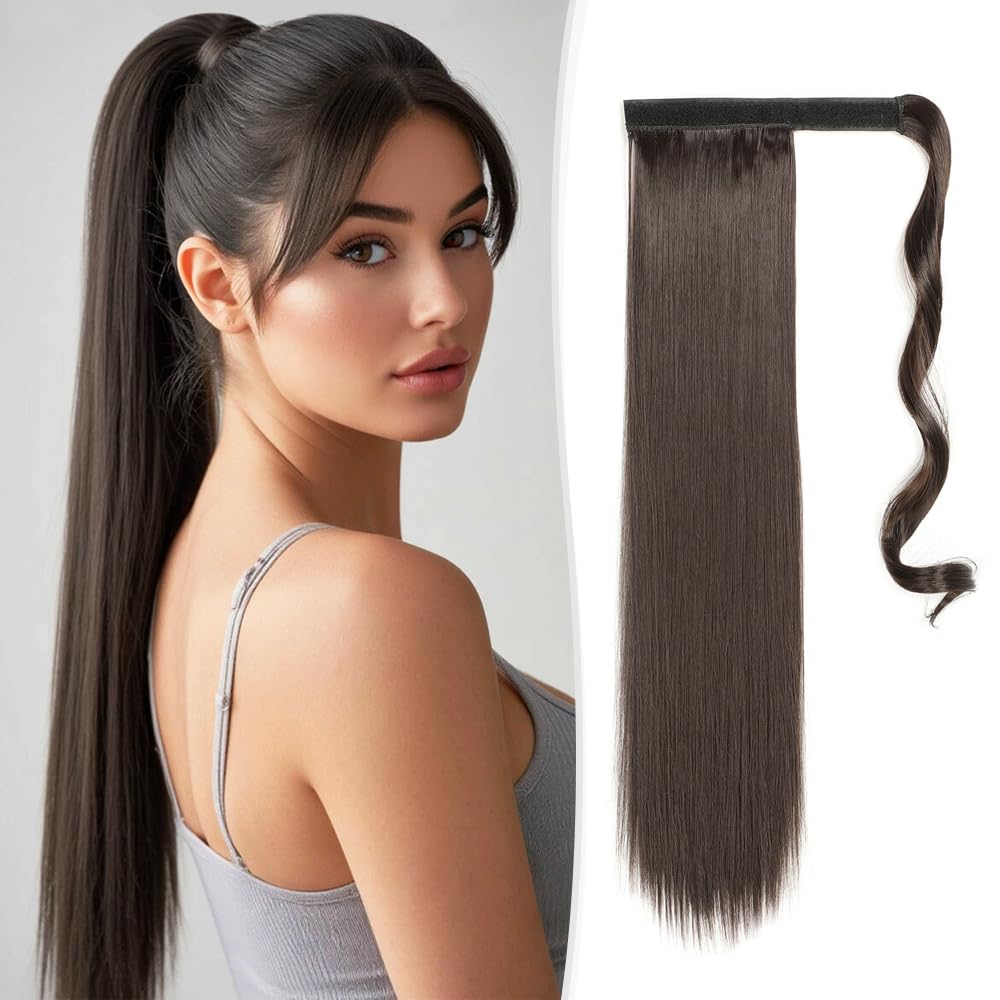 Coleta Postiza de Pelo Natural 55 CM,Ponytail Hair Extension de Pelo,SZMK Extensiones Cola de Caballo Sintético,Coleta Postiza Cabello,Extension Cola de Caballos Liso para Mujeres-castano scuro