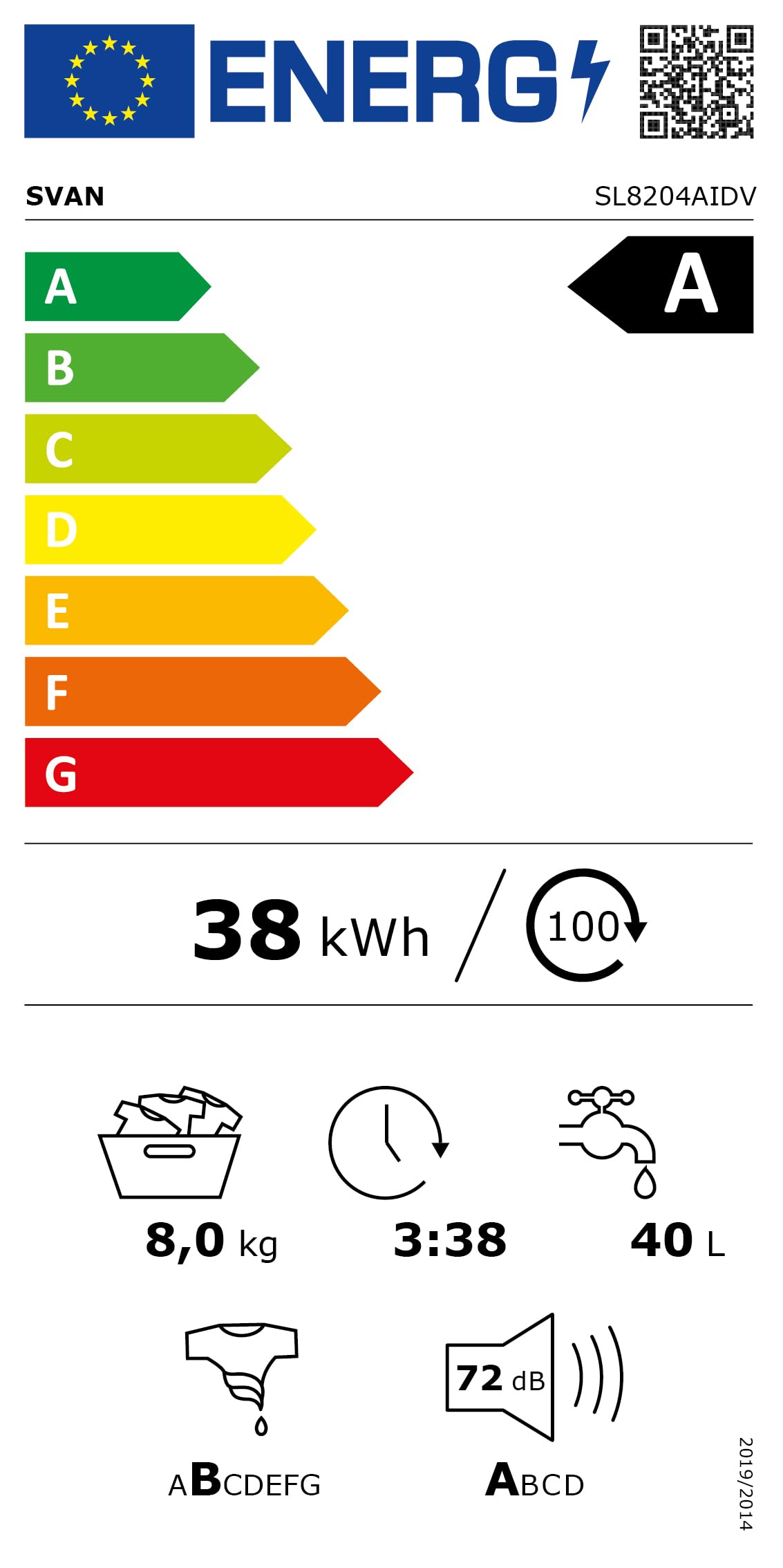 Svan Lavadora 8 kg Carga Frontal, Blanco, SL8204AIDV. 1200 rpm, Motor Inverter, 14 Programas, Eco-logic System, Tambor Acero Inoxidable, Clase de Eficiencia Energética A