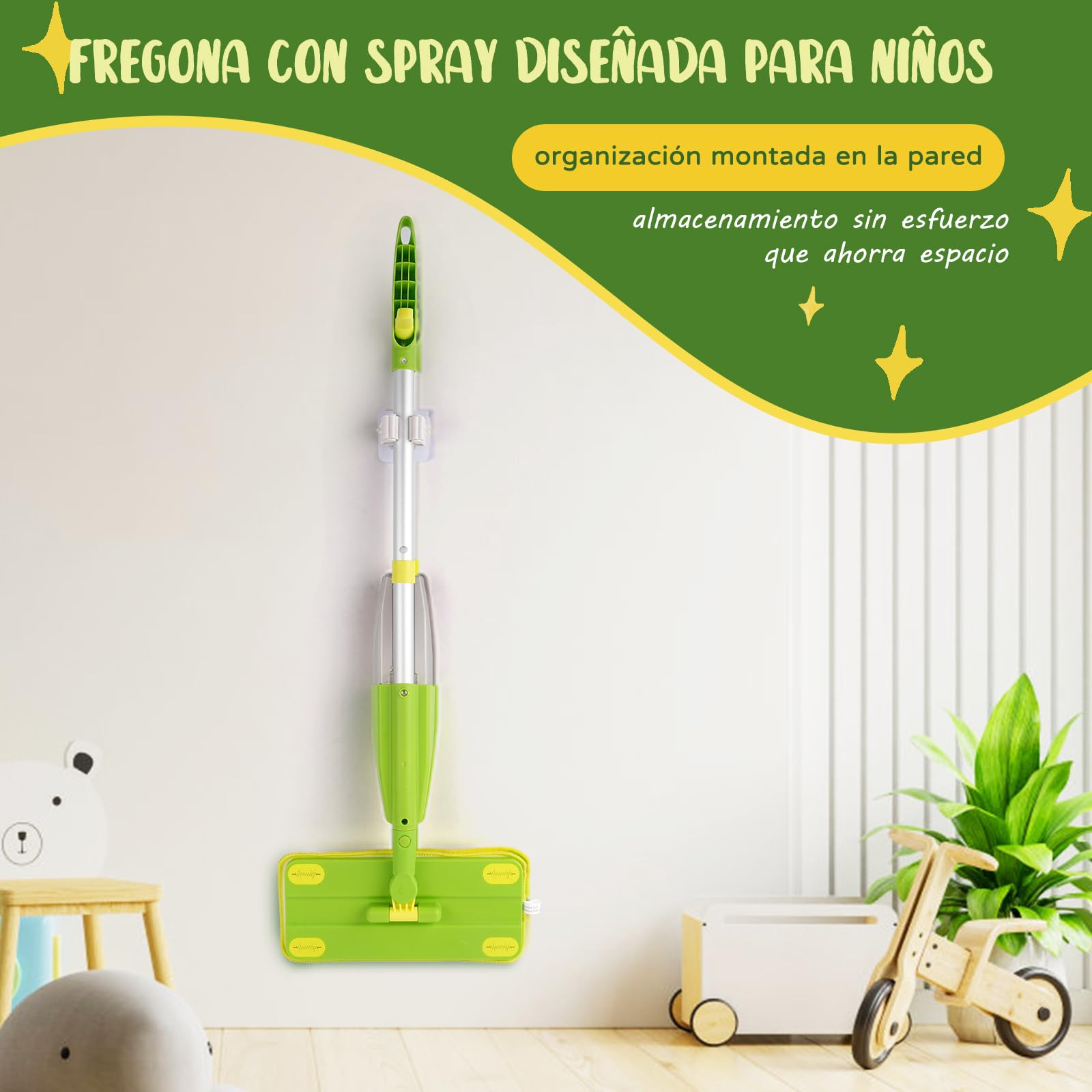 Mopa Fregona Niños con Pulverizador - Set de Limpieza Infantil Montessori Juguete con Pulverizador Real y 2 Almohadillas Lavables | Limpieza Juguete, Juguetes imitación niños a Partir de 3 años