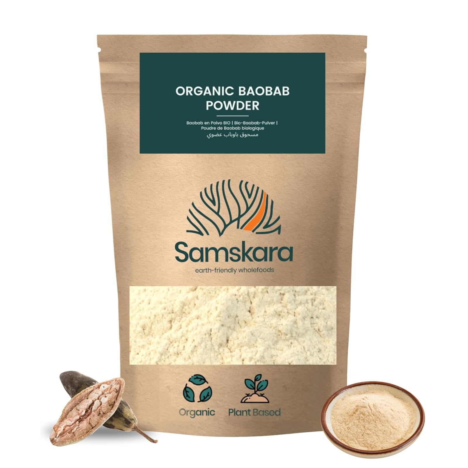 Baobab en Polvo BIO Ecologico | Calidad A+ 100% pura cruda, fuente de Vit C, Calcio, Colageno natural | SAMSKARA | Organic Baobab Powder (500gr x 1 pack) - Envasado en 2025 Frescura garantizada