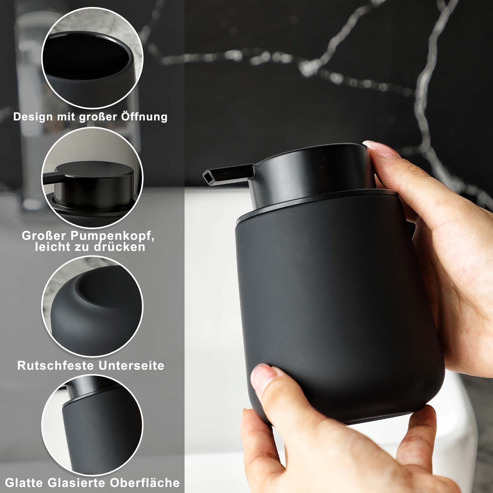Seifenspender Schwarz Matt Umlaca Spülmittelspender,Nachfüllbarer Soap Dispenser Keramik 350ml,Großer Pumpenkopf für leichtes Pressen,Geeignet für Handseife,Shampoo,Duschgel,Küche,Bad