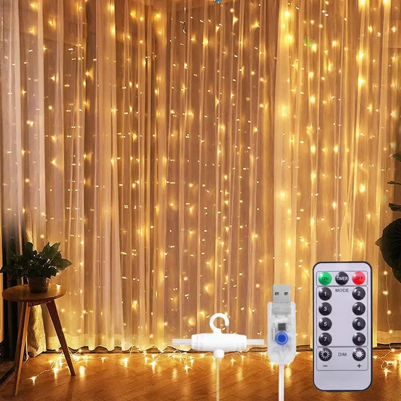 300 LED Curtain String Light | Warm White Fairy Lights with Plastic Hooks & Remote | 8 Lighting Modes | Indoor Outdoor Decoration Lights for Diwali, Wedding, Wall, Balcony, Party, Home Décor