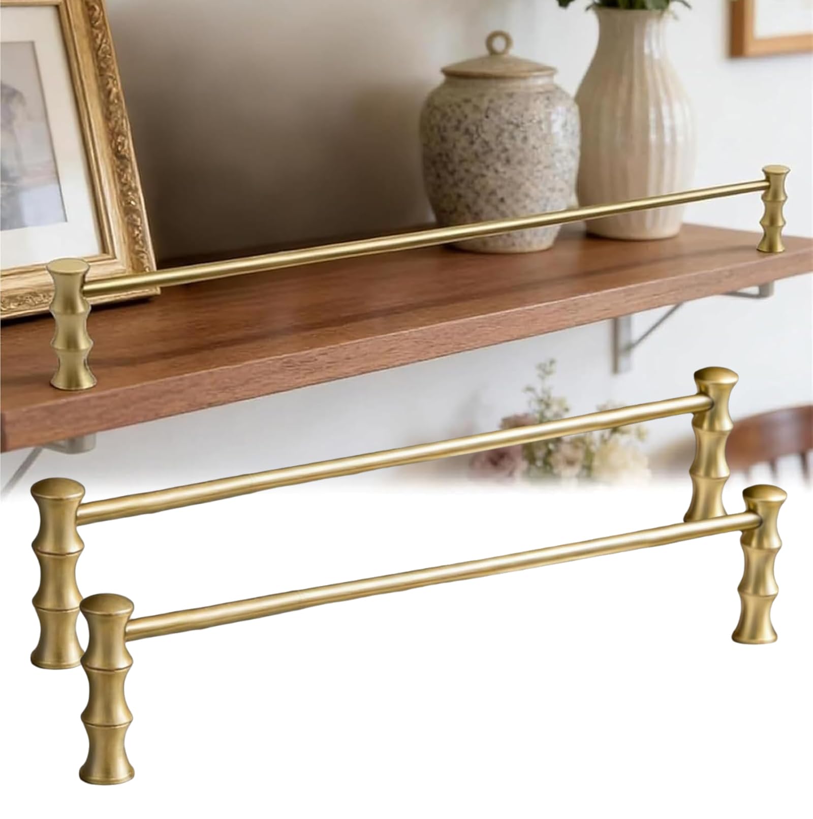GERAZAHO Brass Gallery Rails for Shelves, Decorative Metal Shelf Guard Rail Anti-Fall Fence, Floating Shelves Organizer Fence, for Bookshelf, Shoe Racks, Kitchen Cabinets (2 Pack) 32in/81cm